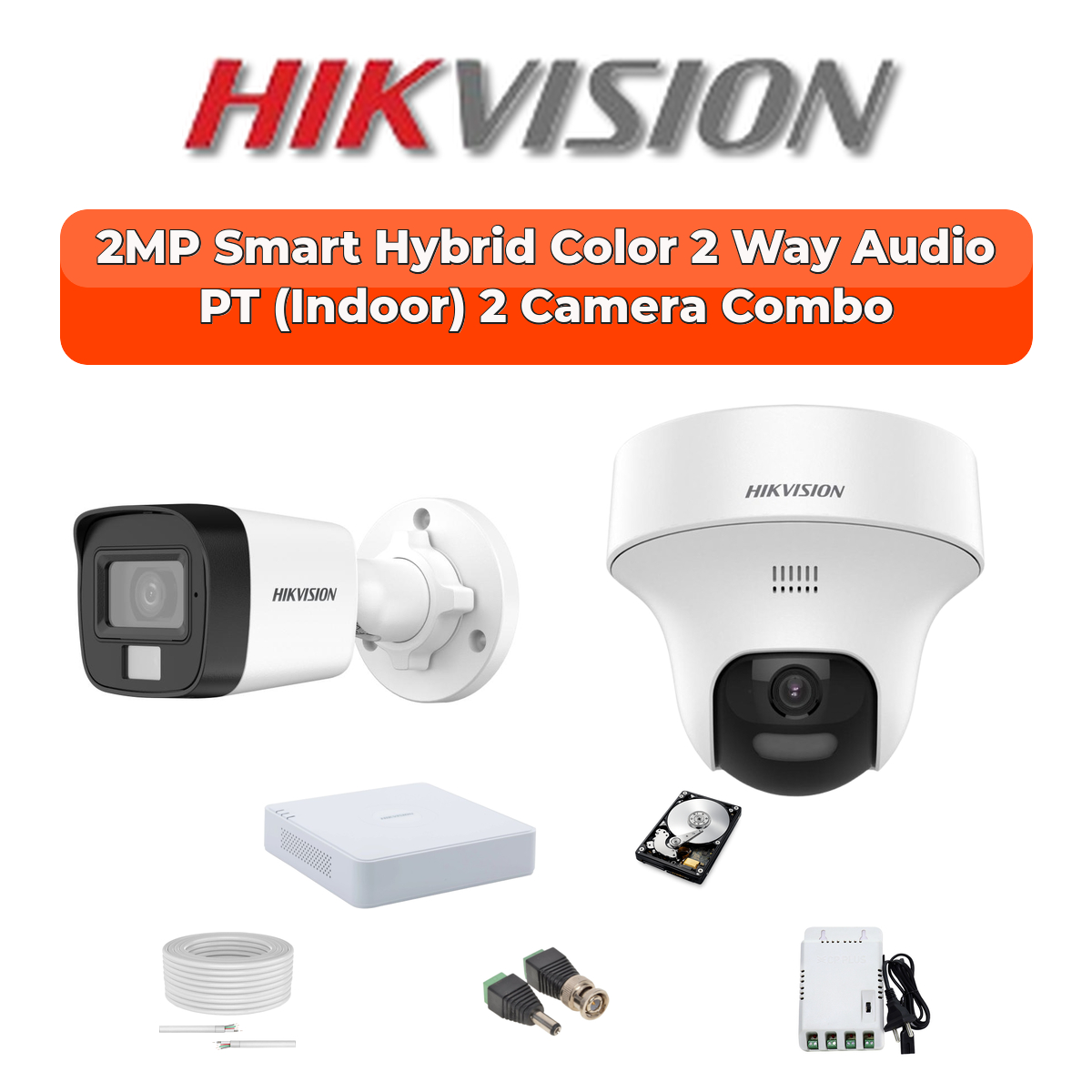 Hikvision 2 Camera 2MP HD CCTV Combo Kit | Two-Way Audio + Hybrid Light | 4CH XVR / DVR | 1ร500GB HDD 1 Hikvision Hikvision 2-Camera 2MP Two-Way Audio Security Kit | Pan-Tilt | Smart Hybrid | 500GB HDD