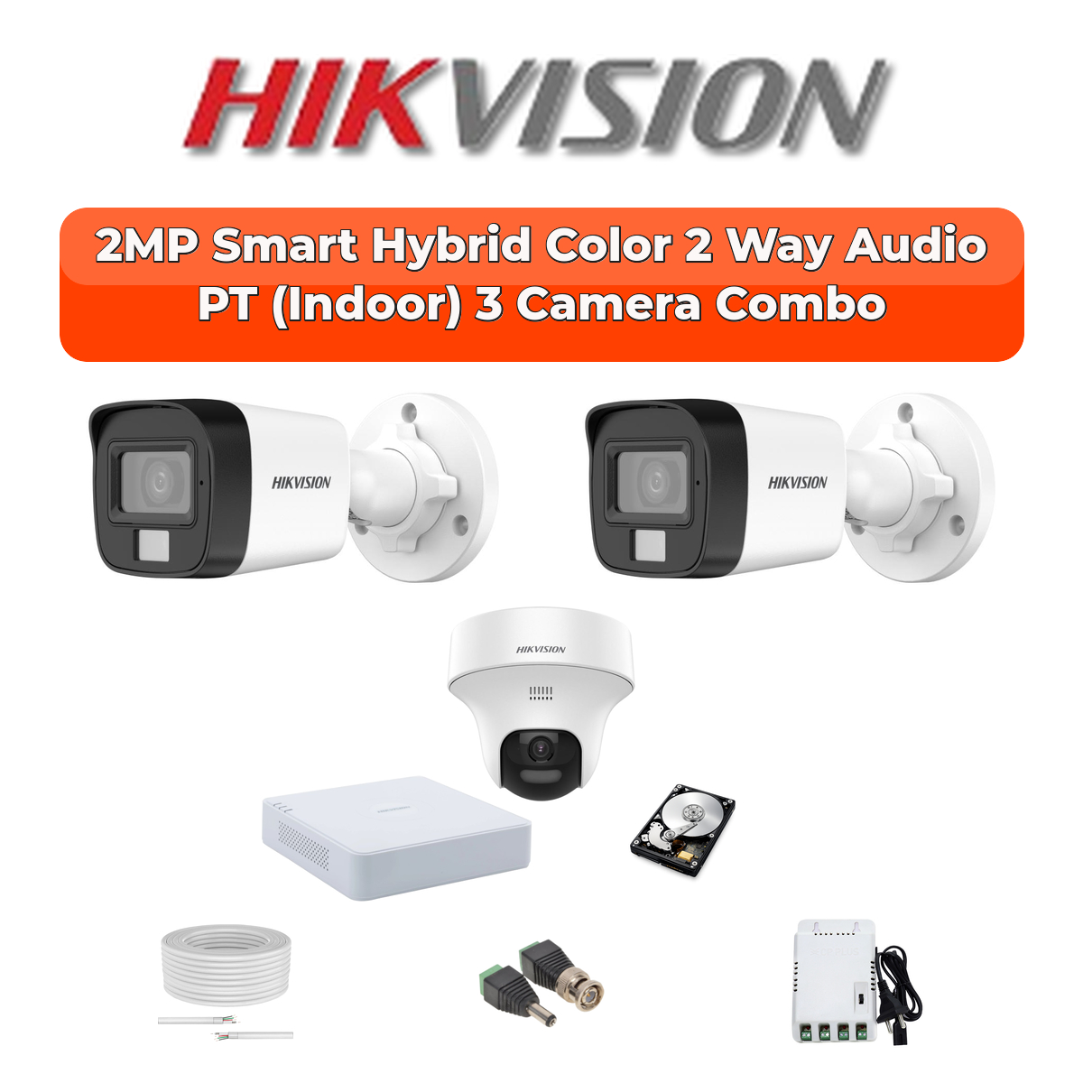 Hikvision 3 Camera 2MP HD CCTV Combo Kit | Two-Way Audio + Hybrid Light | 4CH XVR / DVR | 1ร500GB HDD 1 Hikvision Hikvision 3-Camera 2MP Two-Way Audio Security Kit | Pan-Tilt | 500GB HDD | Customizable