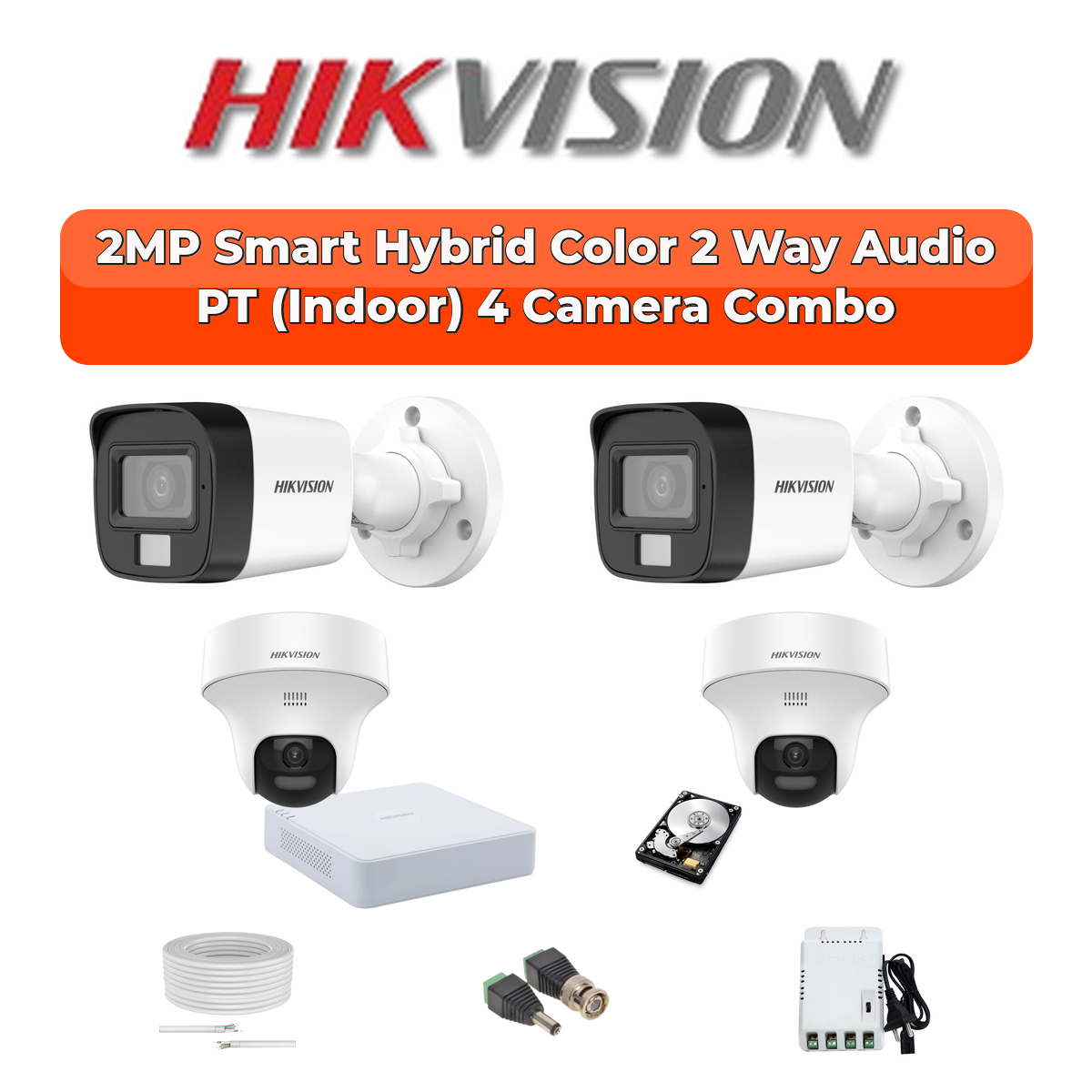 Hikvision 4 Camera 2MP HD CCTV Combo Kit | Two-Way Audio + Hybrid Light | 4CH XVR / DVR | 1ร500GB HDD 1 Hikvision Hikvision 4-Camera 2MP Two-Way Audio Security Kit | Pan-Tilt | 500GB HDD | Customizable