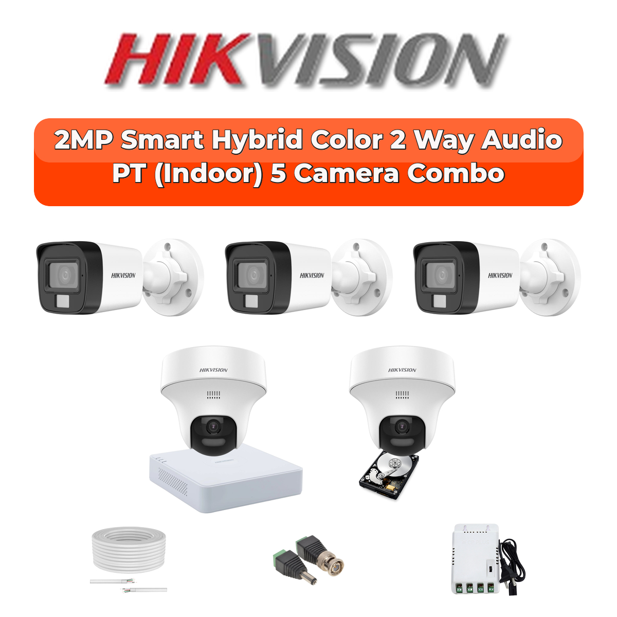 Hikvision 5 Camera 2MP HD CCTV Combo Kit | Two-Way Audio + Hybrid Light | 8CH XVR / DVR | 1ร1TB HDD 1 Hikvision Hikvision 5-Camera 2MP Two-Way Audio Security Kit | 8-CH DVR | 500GB HDD | Customizable