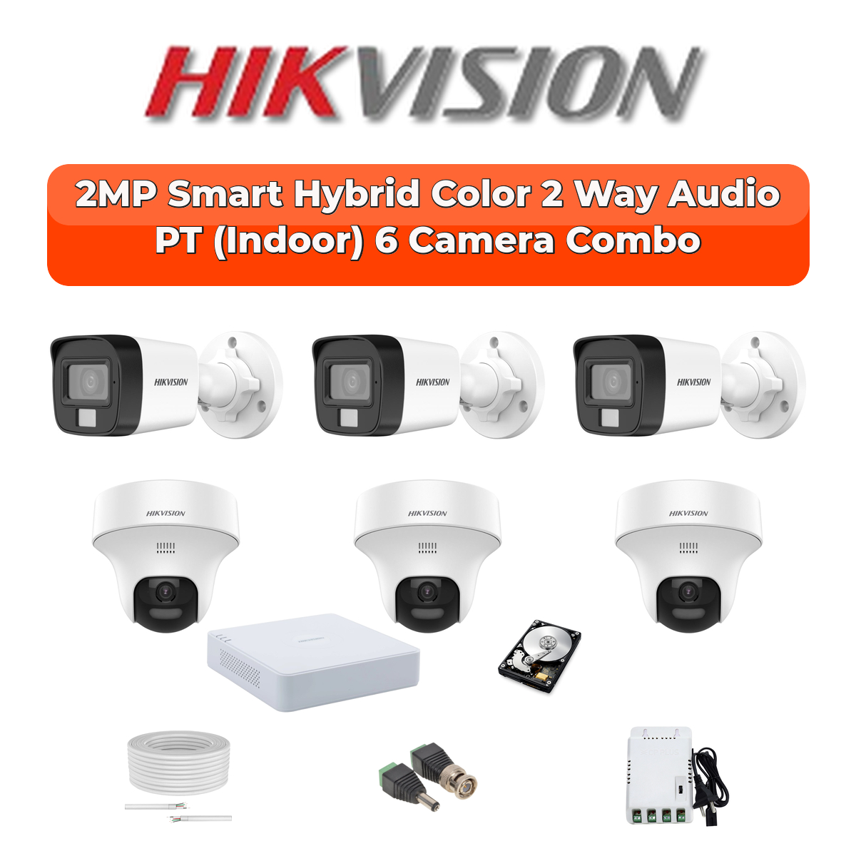 Hikvision 6 Camera 2MP HD CCTV Combo Kit | Two-Way Audio + Hybrid Light | 8CH XVR / DVR | 1ร1TB HDD 1 Hikvision Hikvision 6-Camera 2MP Two-Way Audio Security Kit | 8-CH DVR | 500GB HDD | Customizable