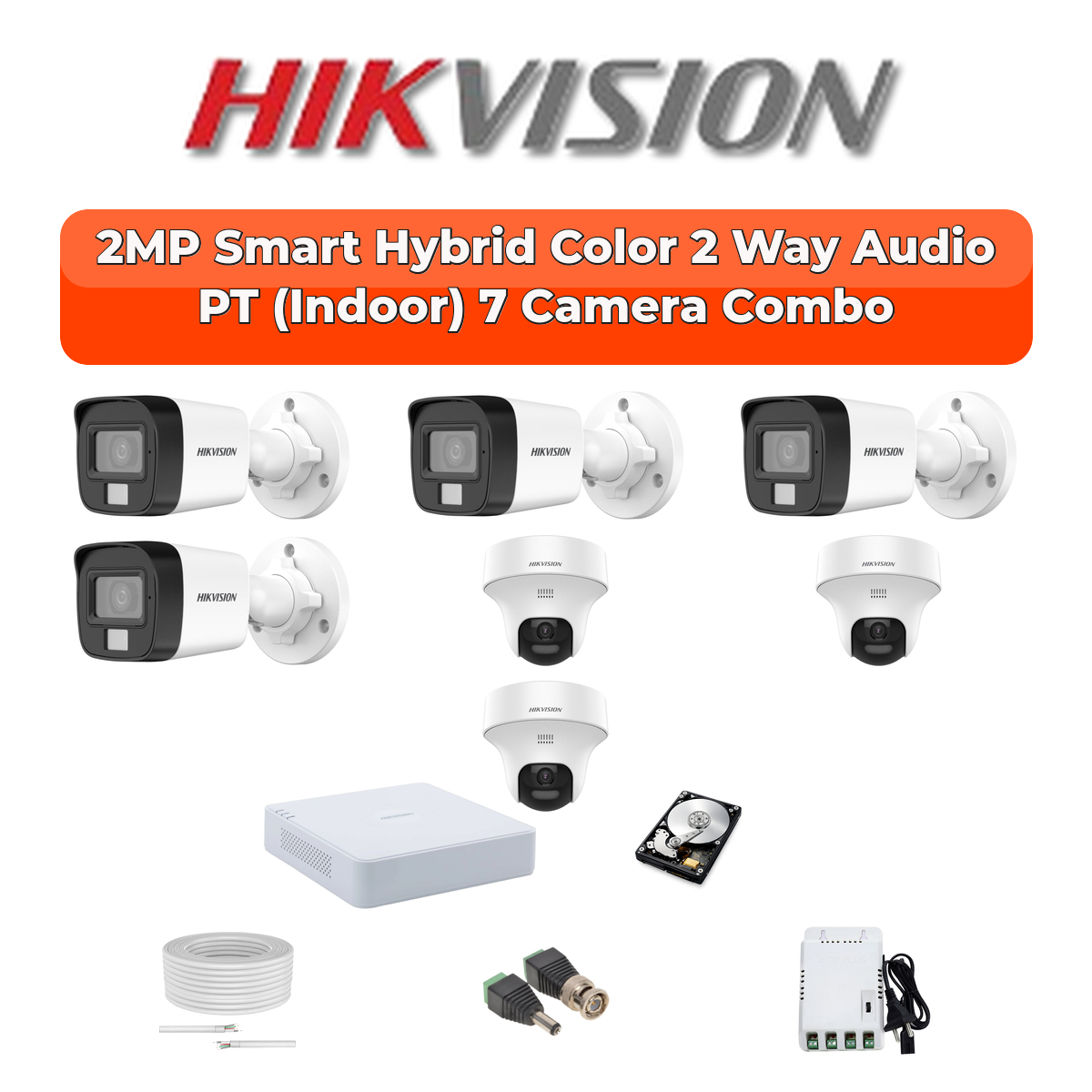Hikvision 7 Camera 2MP HD CCTV Combo Kit | Two-Way Audio + Hybrid Light | 8CH XVR / DVR | 1ร1TB HDD 1 Hikvision Hikvision 7-Camera 2MP Two-Way Audio Security Kit | 8-CH DVR | 1TB HDD | Customizable