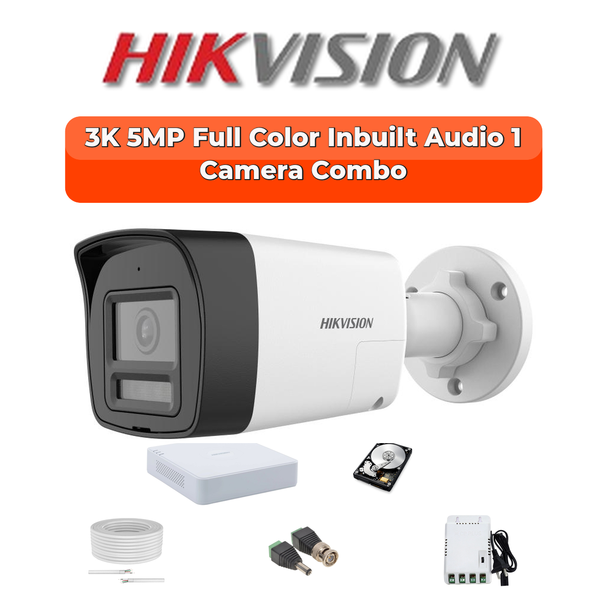 Hikvision 1 Camera 3K HD CCTV Combo Kit | 3K ColorVu + Mic | 4CH XVR / DVR | 1ร500GB HDD 1 Hikvision Hikvision 1-Camera 3K 5MP ColorVu Audio Security Kit | 24/7 Color | 500GB HDD | Customizable