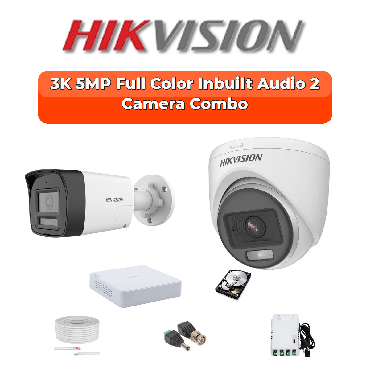 Hikvision 2 Camera 3K HD CCTV Combo Kit | 3K ColorVu + Mic | 4CH XVR / DVR | 1ร500GB HDD 1 Hikvision Hikvision 2-Camera 3K 5MP ColorVu Audio Security Kit | 24/7 Color | 500GB HDD | Customizable
