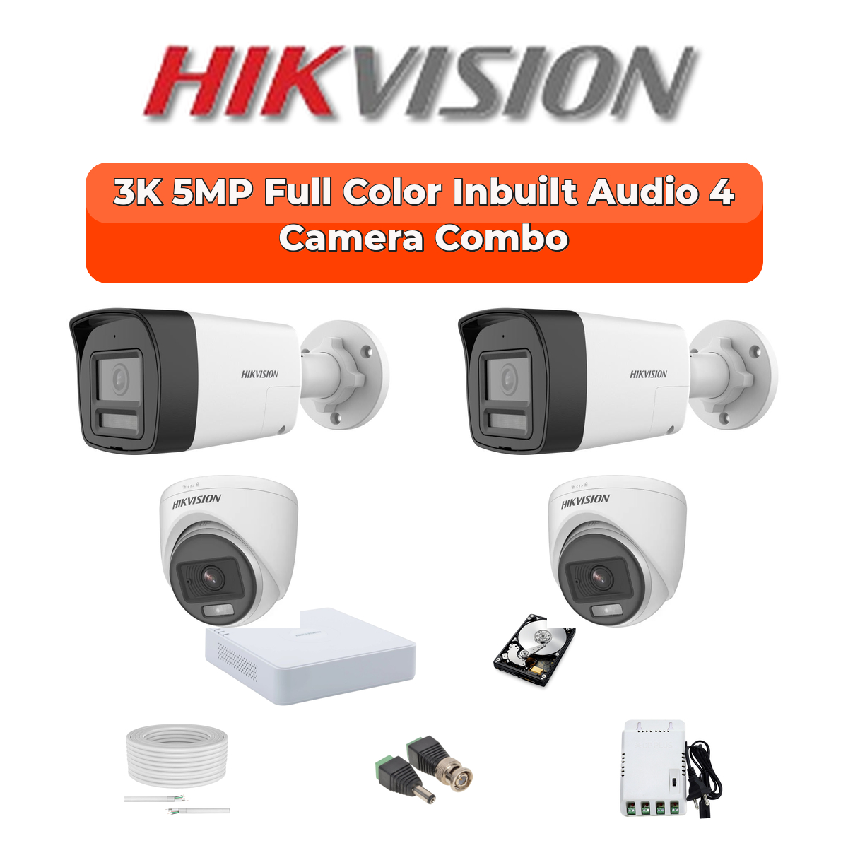 Hikvision 4 Camera 3K HD CCTV Combo Kit | 3K ColorVu + Mic | 4CH XVR / DVR | 1ร500GB HDD 1 Hikvision Hikvision 4-Camera 3K 5MP ColorVu Audio Security Kit | 24/7 Color | 500GB HDD | Customizable