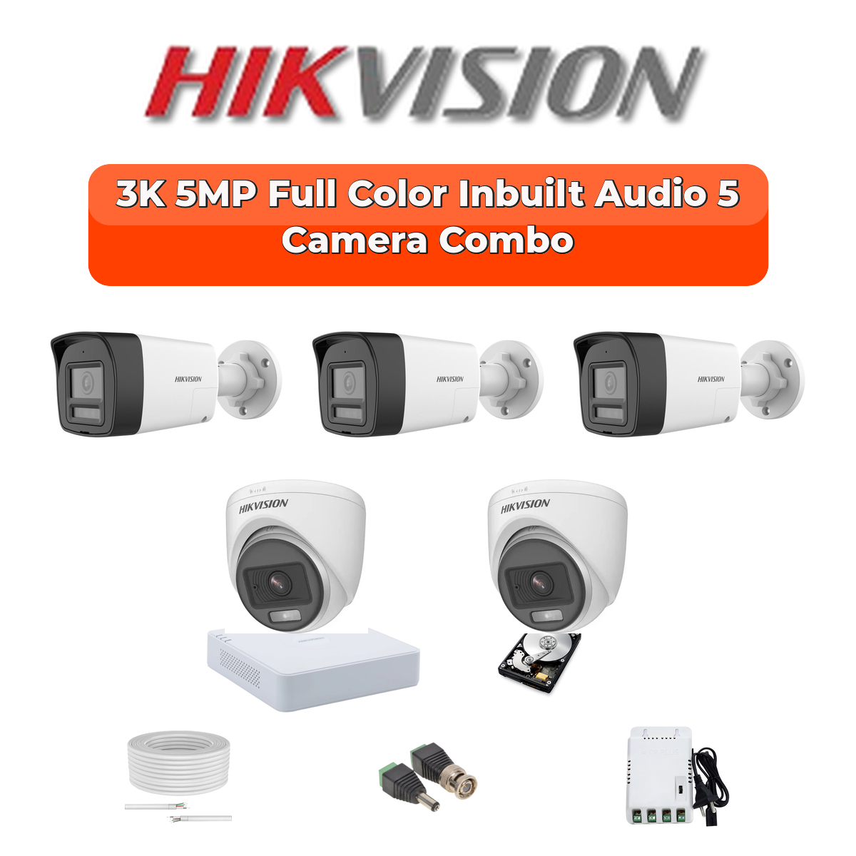 Hikvision 5 Camera 3K HD CCTV Combo Kit | 3K ColorVu + Mic | 8CH XVR / DVR | 1ร1TB HDD 1 Hikvision Hikvision 5-Camera 3K 5MP ColorVu Audio Security Kit | 8-CH DVR | 500GB HDD | Customizable
