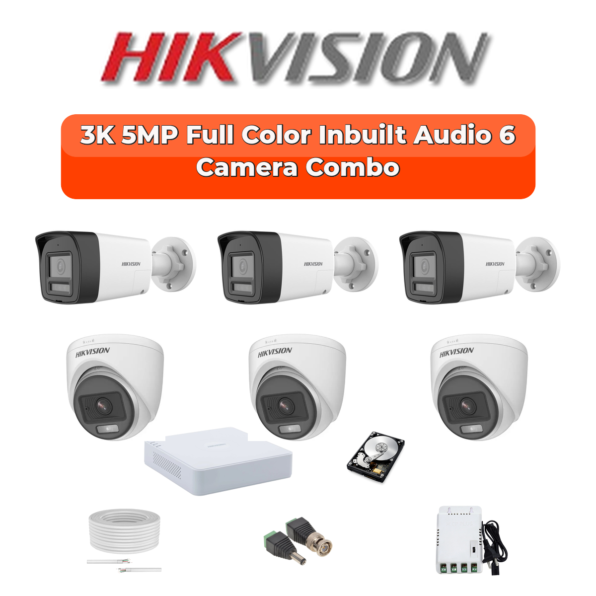 Hikvision 6 Camera 3K HD CCTV Combo Kit | 3K ColorVu + Mic | 8CH XVR / DVR | 1ร1TB HDD 1 Hikvision Hikvision 6-Camera 3K 5MP ColorVu Audio Security Kit | 8-CH DVR | 500GB HDD | Customizable