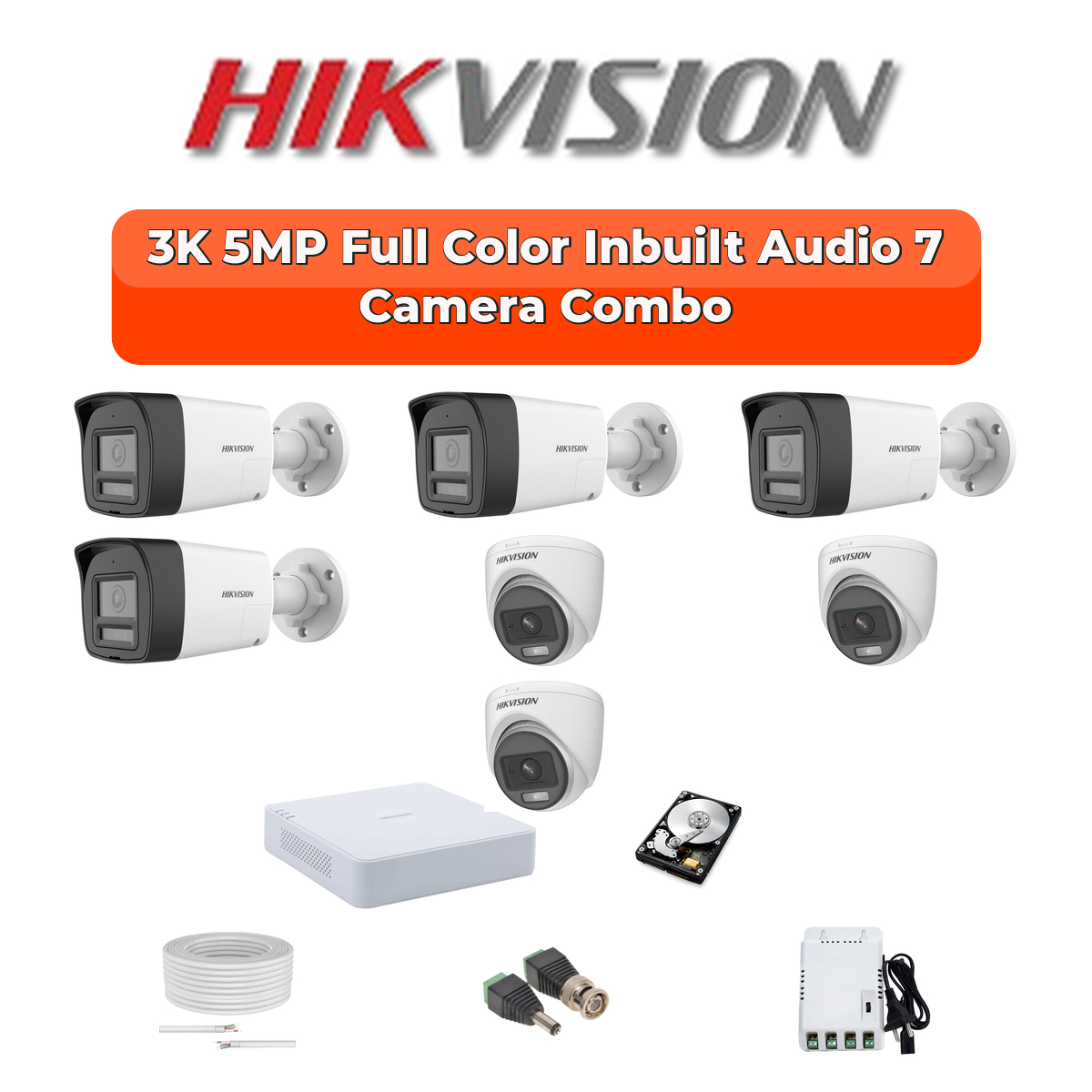 Hikvision 7 Camera 3K HD CCTV Combo Kit | 3K ColorVu + Mic | 8CH XVR / DVR | 1ร1TB HDD 1 Hikvision Hikvision 7-Camera 3K 5MP ColorVu Audio Security Kit | 8-CH DVR | 1TB HDD | Customizable