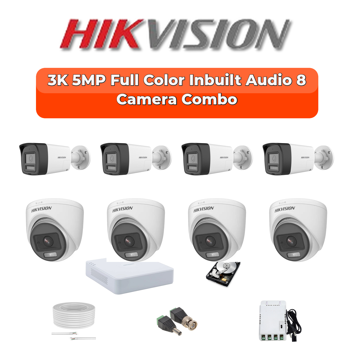 Hikvision 8 Camera 3K HD CCTV Combo Kit | 3K ColorVu + Mic | 8CH XVR / DVR | 1ร1TB HDD 1 Hikvision Hikvision 8-Camera 3K 5MP ColorVu Audio Security Kit | Full 8-CH Coverage | 1TB HDD | Customizable