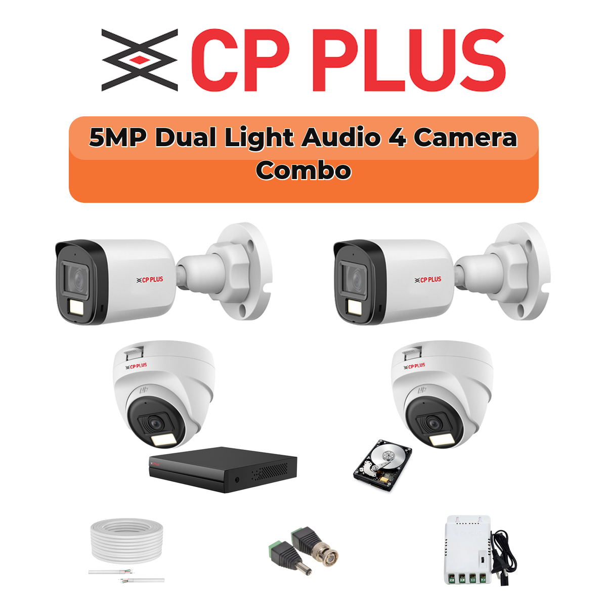 CP Plus 4 Camera 5MP HD CCTV Combo Kit | Dual Light + Mic | 4CH XVR / DVR | 1ร500GB HDD 1 CP PLUS CP Plus 4 Camera 5MP Dual Light Combo Kit | Built-in Mics | 500GB HDD