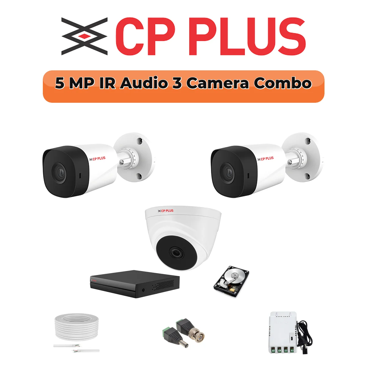 CP Plus 3 Camera 5MP Full HD Combo Kit | Built-in Mics | 1×500GB HDD 1 CP PLUS CP Plus 3 Camera 5MP Full HD Combo Kit | Built-in Mics | 500GB HDD