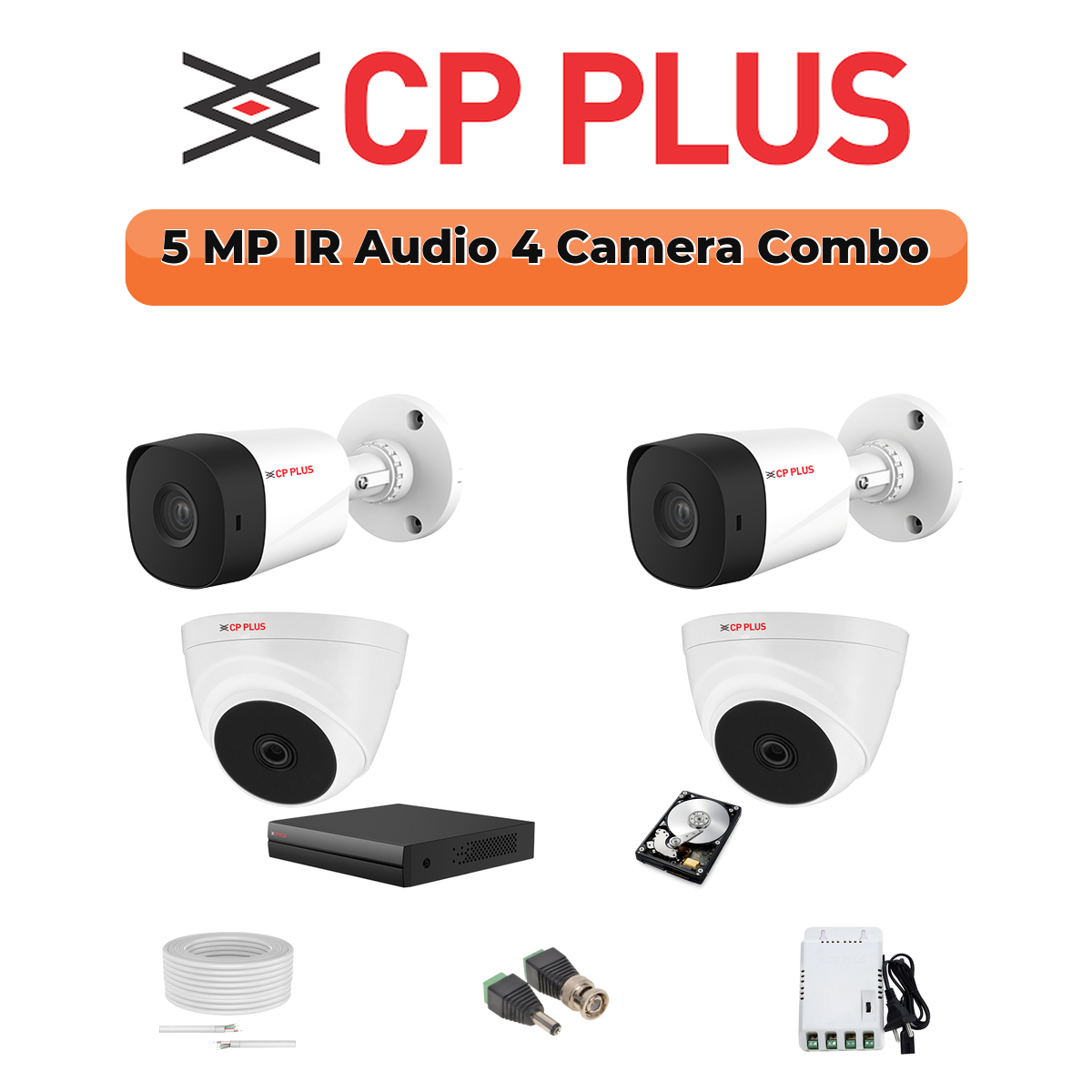 CP Plus 4 Camera 5MP Full HD Combo Kit | Built-in Mics | 1×500GB HDD 1 CP PLUS CP Plus 4 Camera 5MP Full HD Combo Kit | Built-in Mics | 500GB HDD