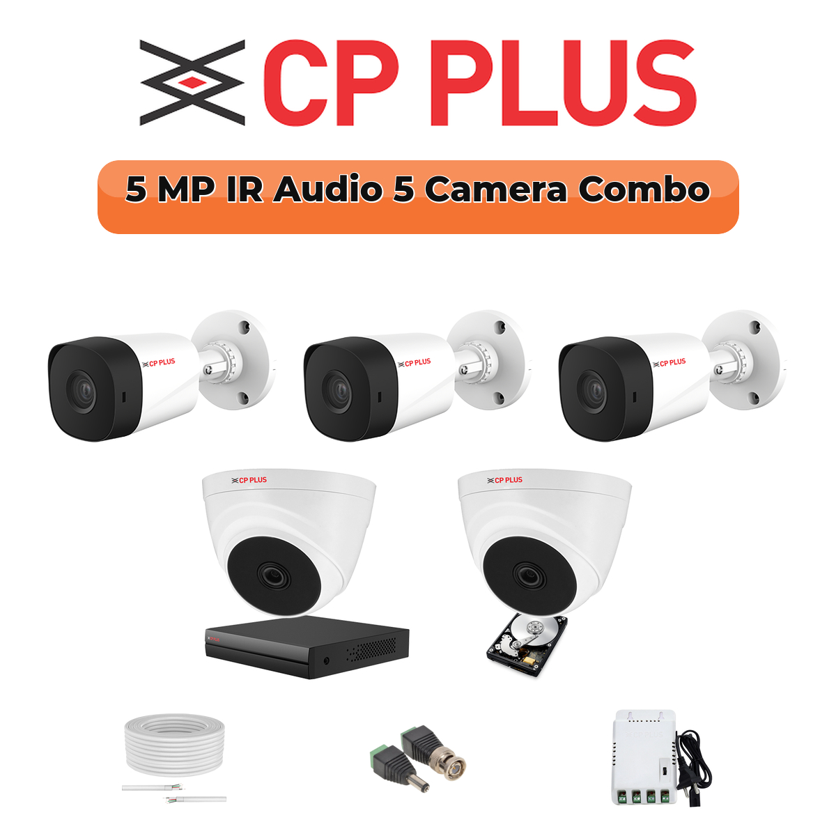 CP Plus 5 Camera 5MP Full HD Combo Kit | Built-in Mics | 8CH DVR | 500GB HDD 1 CP PLUS CP Plus 5 Camera 5MP Full HD Combo Kit | Built-in Mics | 8CH DVR | 500GB HDD