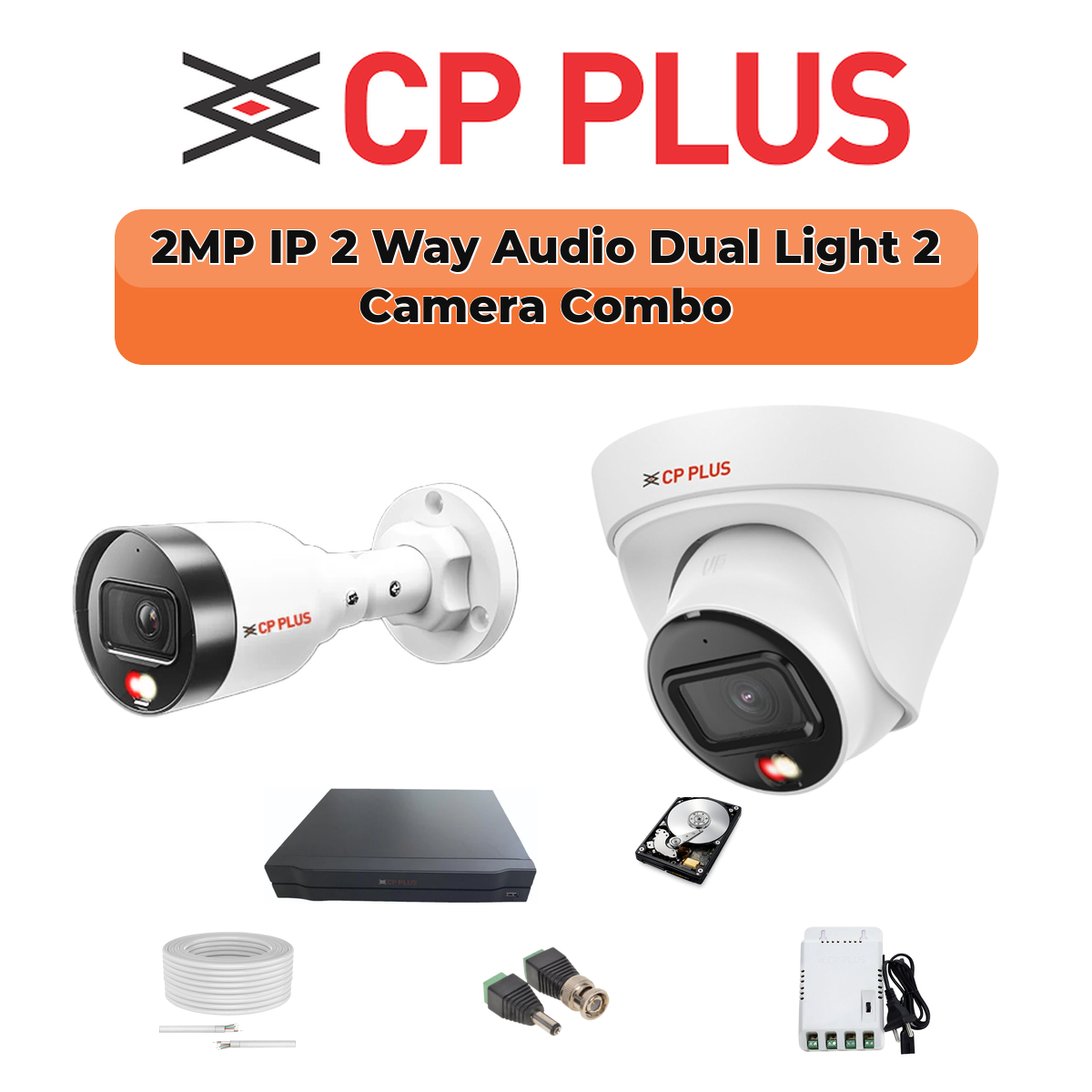 CP Plus 2 Camera 2MP IP CCTV Combo Kit | Two-Way Talk + Dual Light | 4CH NVR | 1ร500GB HDD 1 CP PLUS CP Plus 2 Camera 2MP IP Combo Kit | Two-Way Talk | PoE Switch | 500GB HDD