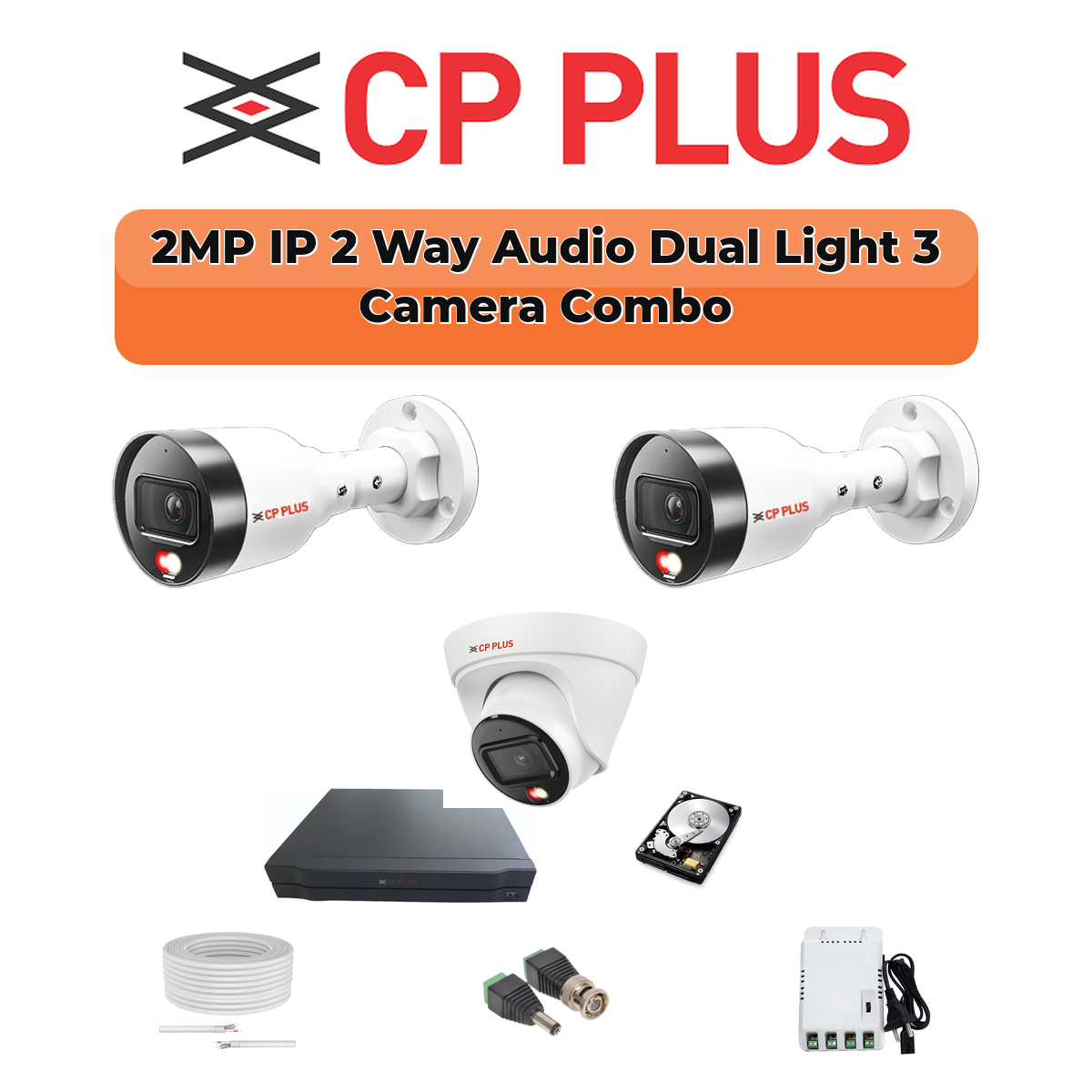 CP Plus 3 Camera 2MP IP CCTV Combo Kit | Two-Way Talk + Dual Light | 4CH NVR | 1ร500GB HDD 1 CP PLUS CP Plus 3 Camera 2MP IP Combo Kit | Two-Way Talk | PoE Switch | 500GB HDD