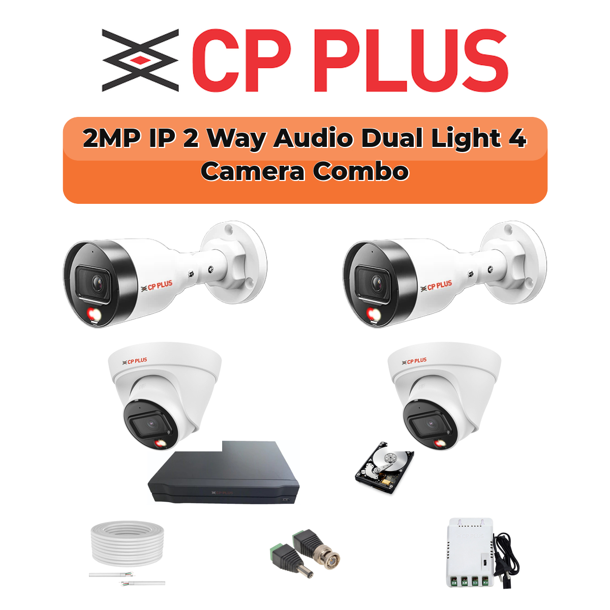 CP Plus 4 Camera 2MP IP CCTV Combo Kit | Two-Way Talk + Dual Light | 4CH NVR | 1ร500GB HDD 1 CP PLUS CP Plus 4 Camera 2MP IP Combo Kit | Two-Way Talk | PoE Switch | 500GB HDD