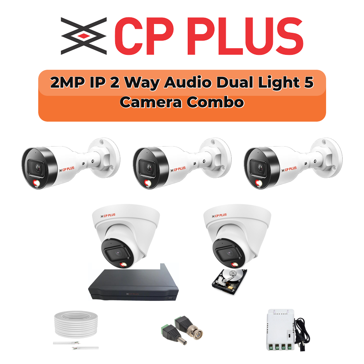 CP Plus 5 Camera 2MP IP CCTV Combo Kit | Two-Way Talk + Dual Light | 8CH NVR | 1ร1TB HDD 1 CP PLUS CP Plus 5 Camera 2MP IP Combo Kit | Two-Way Talk | 8CH NVR | 500GB HDD