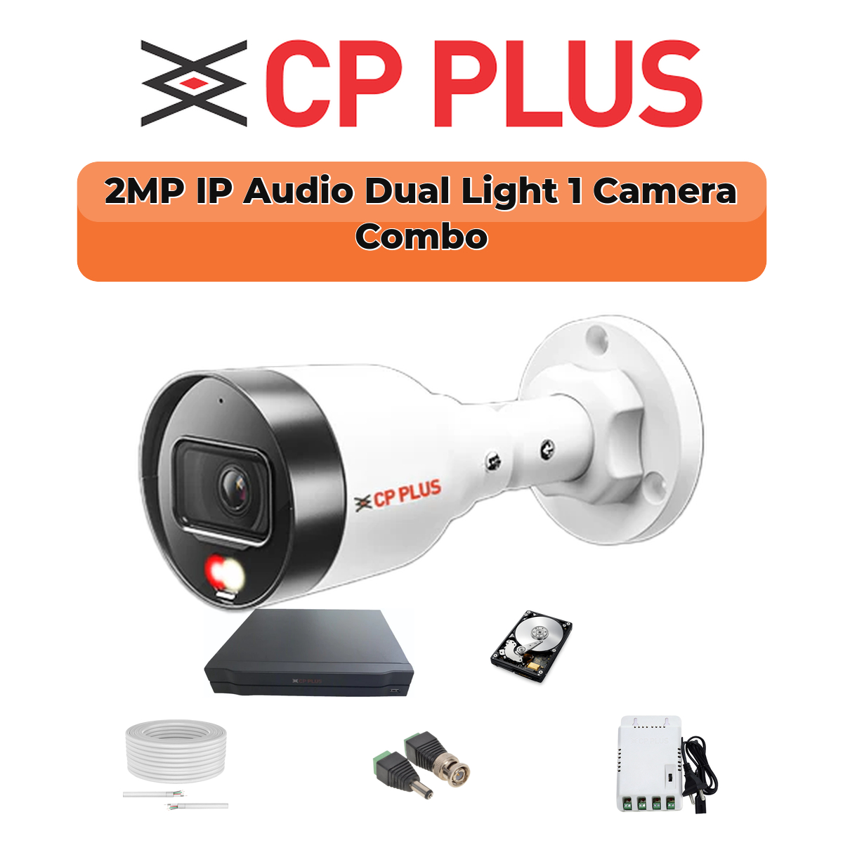 CP Plus 1 Camera 2MP IP CCTV Combo Kit | Dual Light + Mic | 4CH NVR | 1ร500GB HDD 1 CP PLUS CP Plus 1 Camera 2MP Dual Light IP Combo Kit | PoE Switch | 500GB HDD