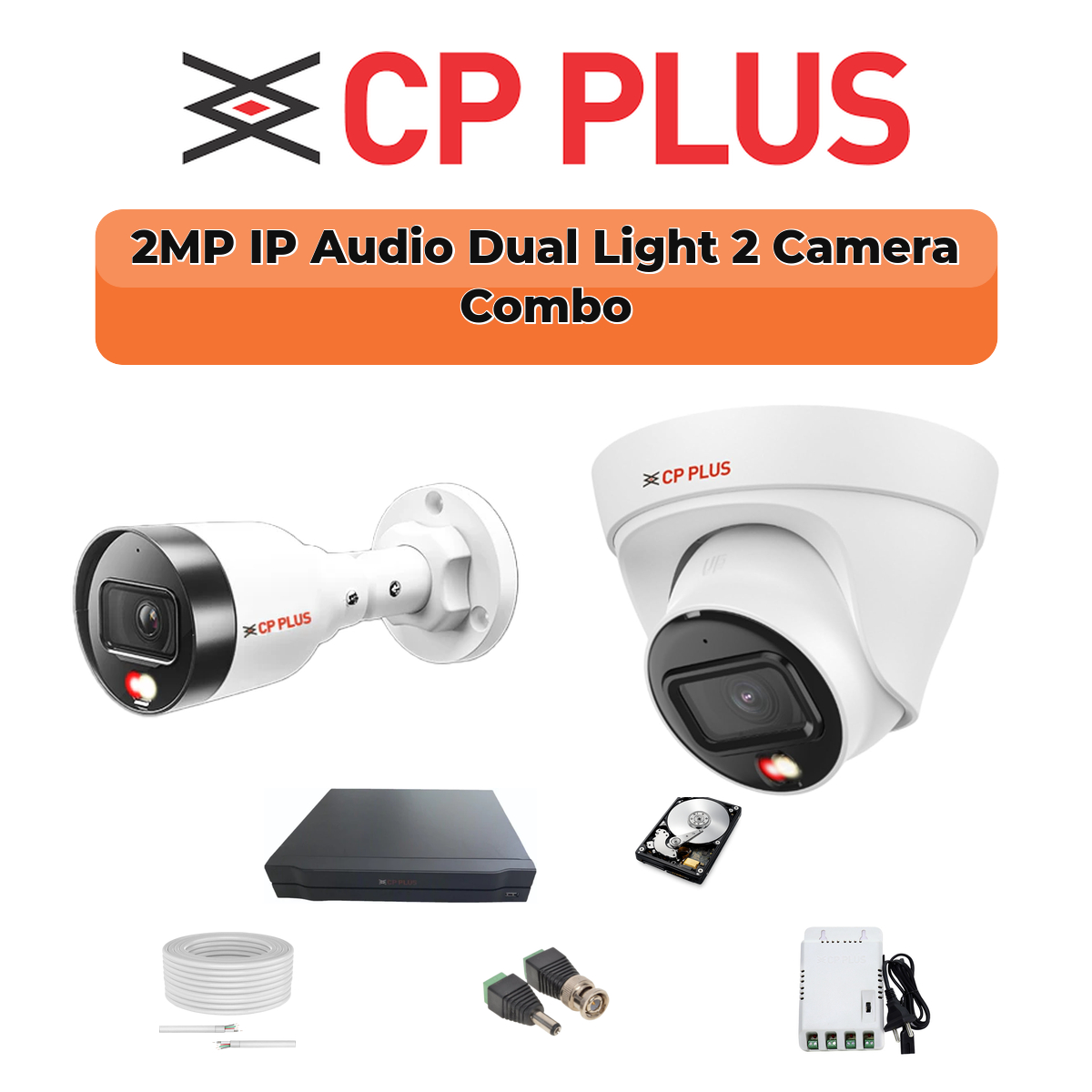 CP Plus 2 Camera 2MP IP CCTV Combo Kit | Dual Light + Mic | 4CH NVR | 1ร500GB HDD 1 CP PLUS CP Plus 2 Camera 2MP Dual Light IP Combo Kit | PoE Switch | 500GB HDD
