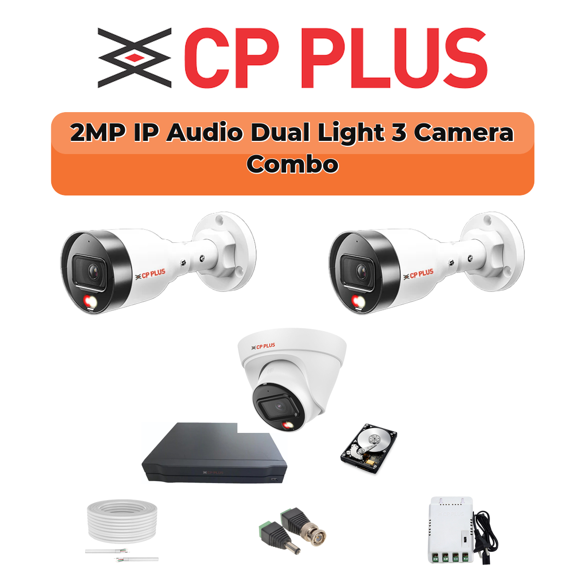 CP Plus 3 Camera 2MP IP CCTV Combo Kit | Dual Light + Mic | 4CH NVR | 1ร500GB HDD 1 CP PLUS CP Plus 3 Camera 2MP Dual Light IP Combo Kit | PoE Switch | 500GB HDD