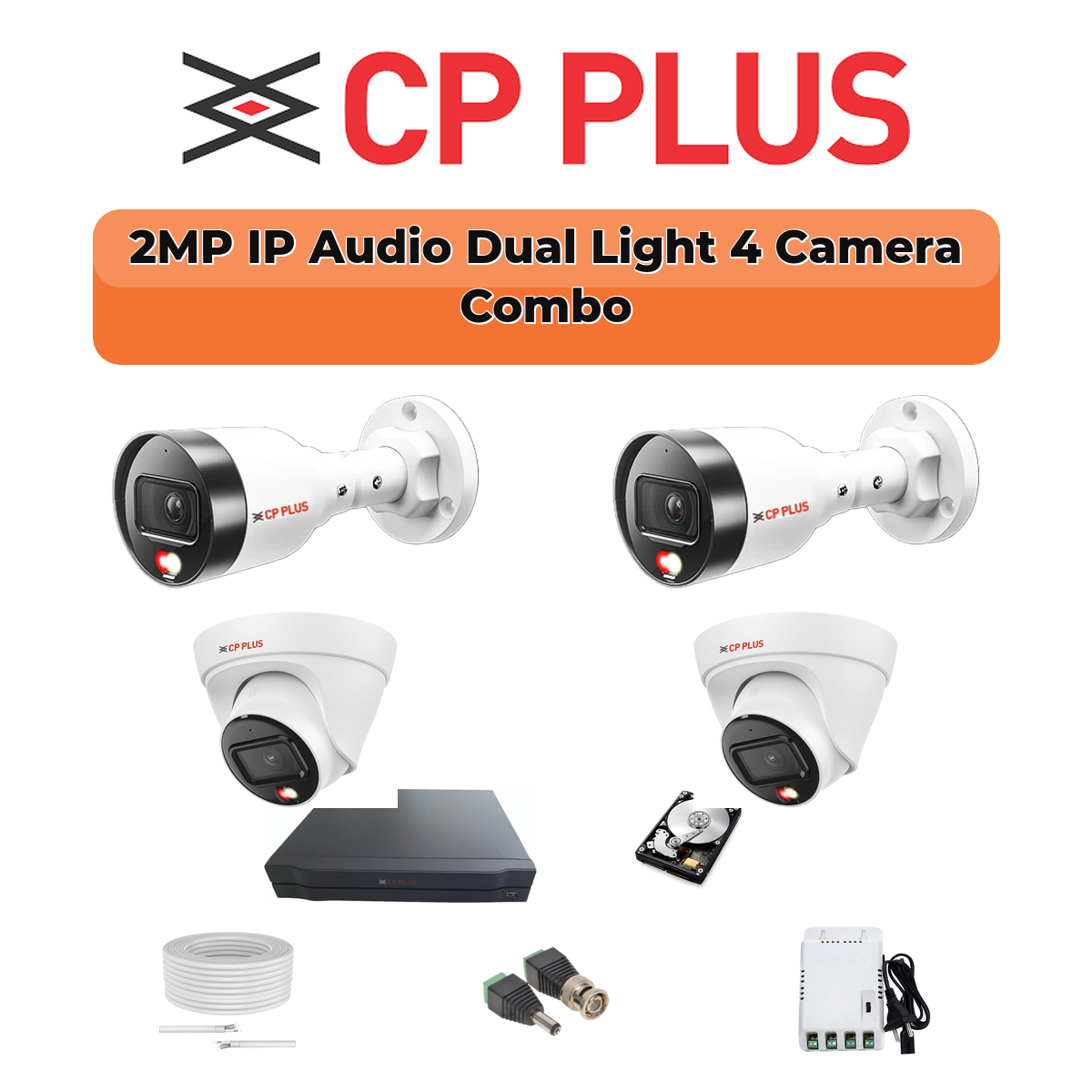 CP Plus 4 Camera 2MP IP CCTV Combo Kit | Dual Light + Mic | 4CH NVR | 1ร500GB HDD 1 CP PLUS CP Plus 4 Camera 2MP Dual Light IP Combo Kit | PoE Switch | 500GB HDD