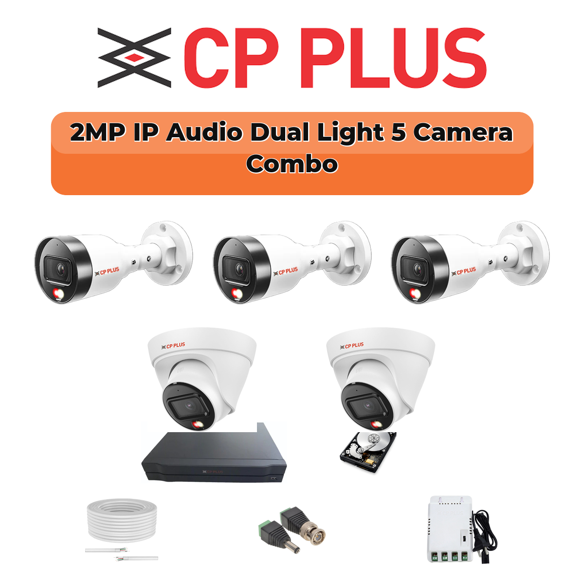 CP Plus 5 Camera 2MP IP CCTV Combo Kit | Dual Light + Mic | 8CH NVR | 1ร1TB HDD 1 CP PLUS CP Plus 5 Camera 2MP Dual Light IP Combo Kit | PoE Switch | 500GB HDD