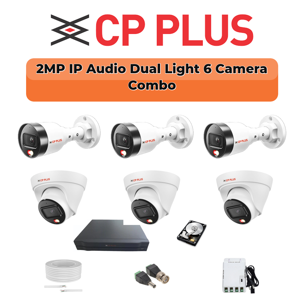 CP Plus 6 Camera 2MP IP CCTV Combo Kit | Dual Light + Mic | 8CH NVR | 1ร1TB HDD 1 CP PLUS CP Plus 6 Camera 2MP Dual Light IP Combo Kit | PoE Switch | 500GB HDD