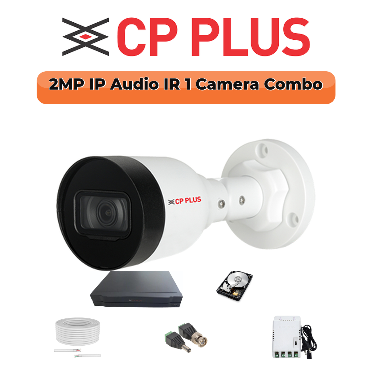 CP Plus 1 Camera 2MP IP CCTV Combo Kit | Smart IR + Mic | 4CH NVR | 1ร500GB HDD 1 CP PLUS CP Plus 1 Camera 2MP IP Combo Kit | Built-in Mic | PoE Switch | 500GB HDD