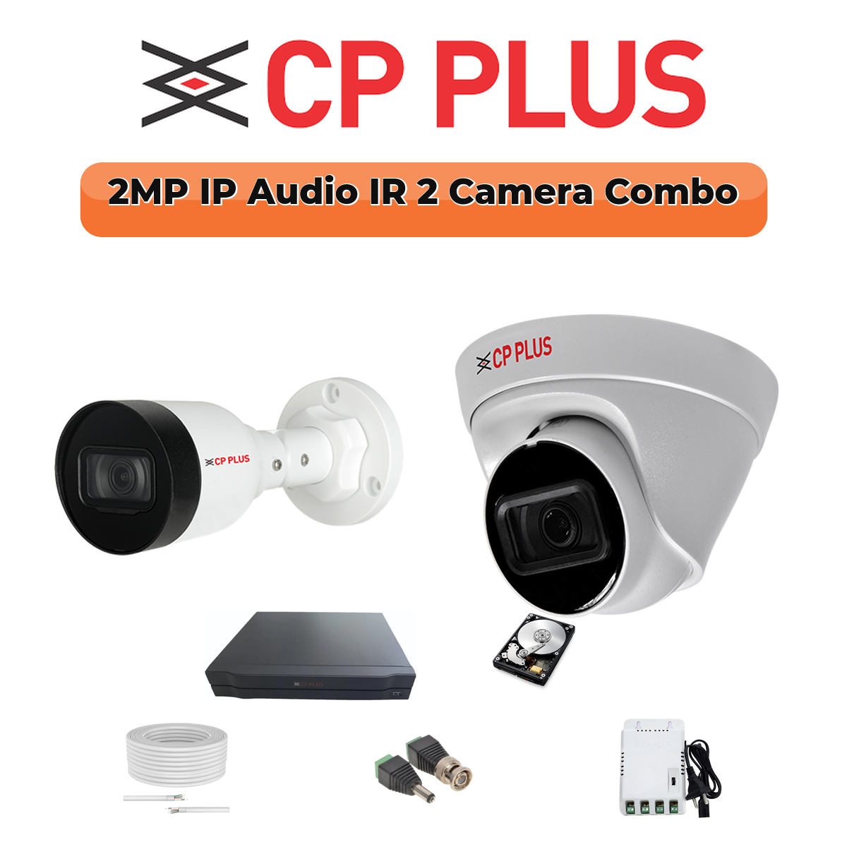 CP Plus 2 Camera 2MP IP CCTV Combo Kit | Smart IR + Mic | 4CH NVR | 1ร500GB HDD 1 CP PLUS CP Plus 2 Camera 2MP IP Combo Kit | Built-in Mics | PoE Switch | 500GB HDD