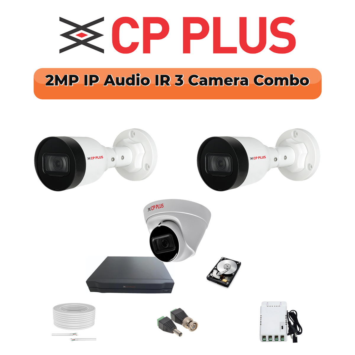 CP Plus 3 Camera 2MP IP CCTV Combo Kit | Smart IR + Mic | 4CH NVR | 1ร500GB HDD 1 CP PLUS CP Plus 3 Camera 2MP IP Combo Kit | Built-in Mics | PoE Switch | 500GB HDD