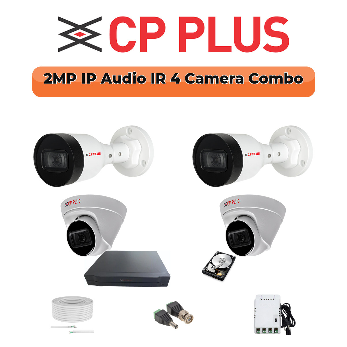 CP Plus 4 Camera 2MP IP CCTV Combo Kit | Smart IR + Mic | 4CH NVR | 1ร500GB HDD 1 CP PLUS CP Plus 4 Camera 2MP IP Combo Kit | Built-in Mics | PoE Switch | 500GB HDD