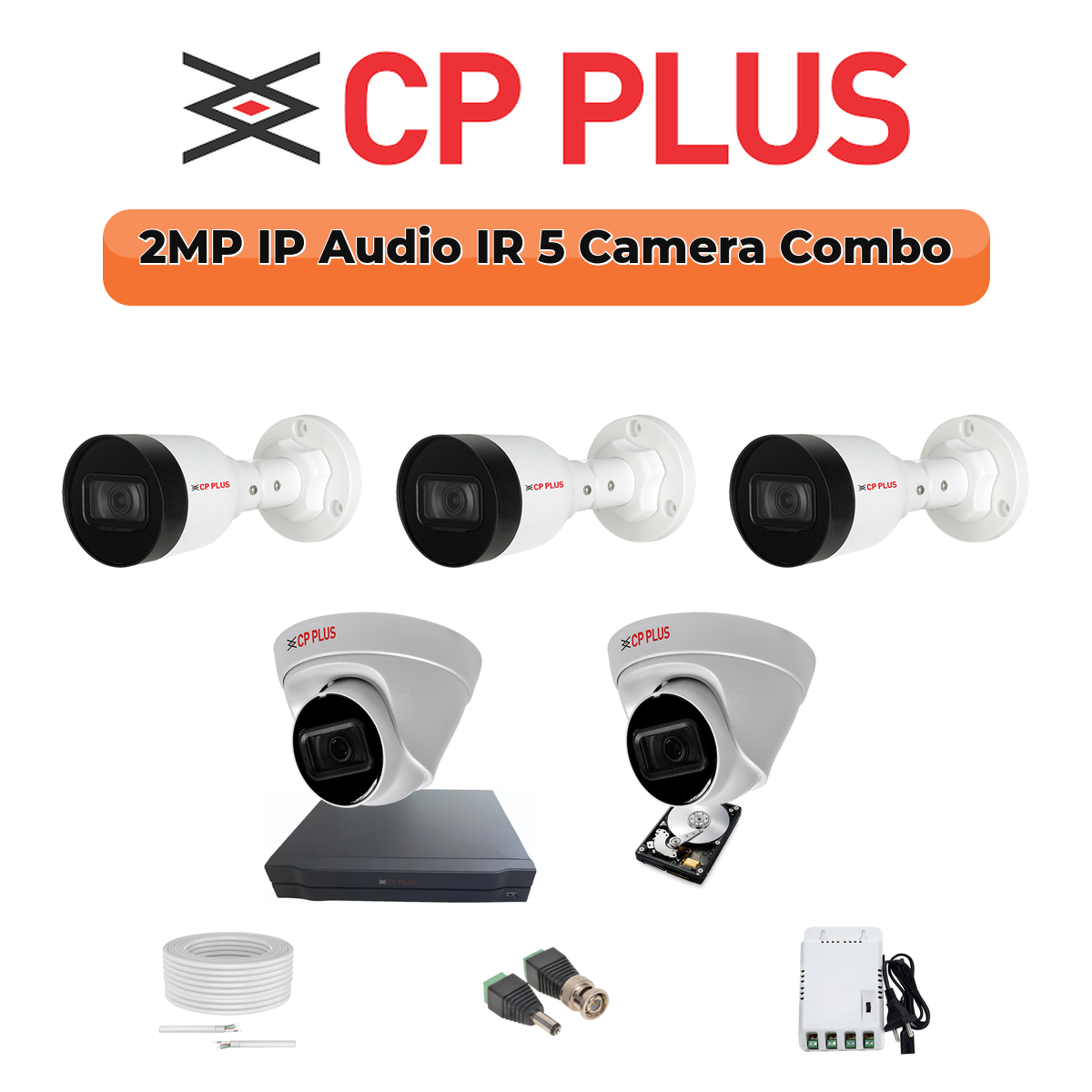 CP Plus 5 Camera 2MP IP CCTV Combo Kit | Smart IR + Mic | 8CH NVR | 1ร1TB HDD 1 CP PLUS CP Plus 5 Camera 2MP IP Combo Kit | Built-in Mics | 8CH NVR | 500GB HDD