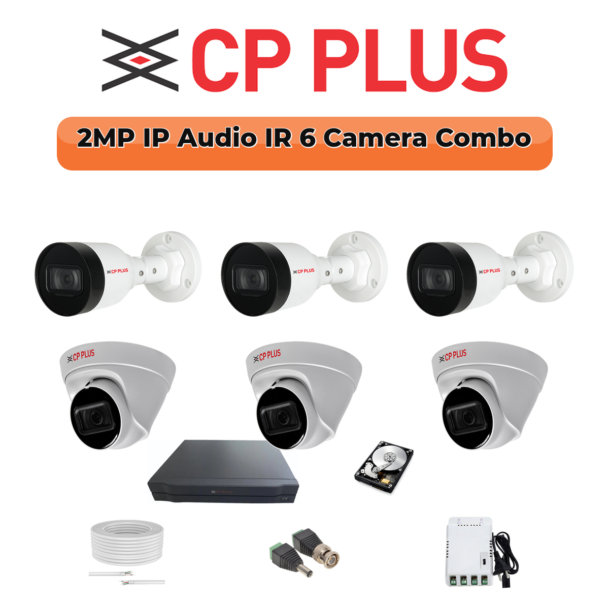 CP Plus 6 Camera 2MP IP CCTV Combo Kit | Smart IR + Mic | 8CH NVR | 1ร1TB HDD 1 CP PLUS CP Plus 6 Camera 2MP IP Combo Kit | Built-in Mics | 8CH NVR | 500GB HDD