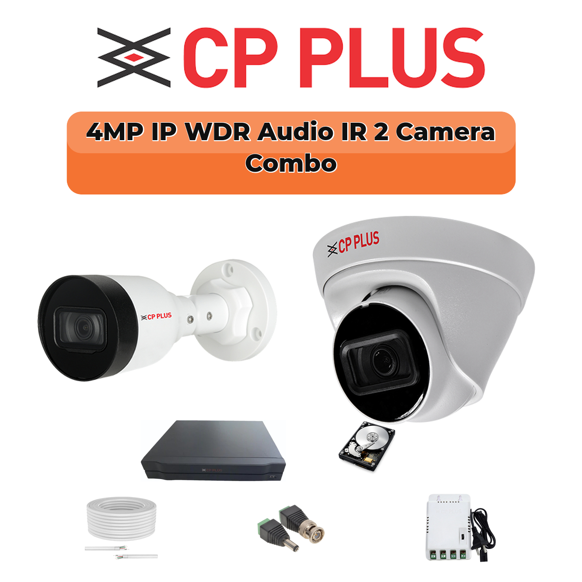 CP Plus 2 Camera 4MP IP CCTV Combo Kit | Smart IR + WDR + Mic | 4CH NVR | 1ร500GB HDD 1 CP PLUS CP Plus 2 Camera 4MP IP Combo Kit | WDR & Built-in Mics | 500GB HDD