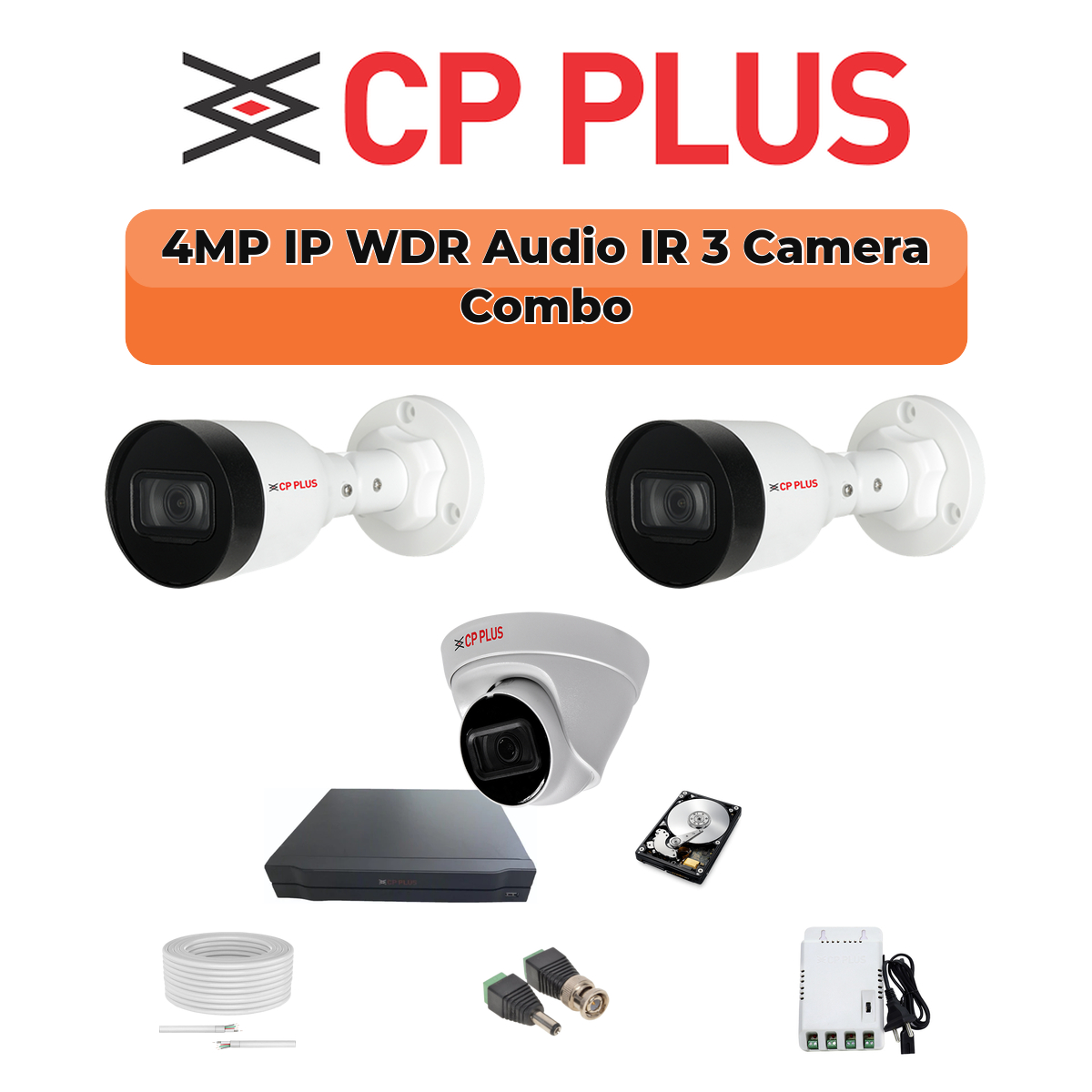CP Plus 3 Camera 4MP IP CCTV Combo Kit | Smart IR + WDR + Mic | 4CH NVR | 1ร500GB HDD 1 CP PLUS CP Plus 3 Camera 4MP IP Combo Kit | WDR & Built-in Mics | 500GB HDD