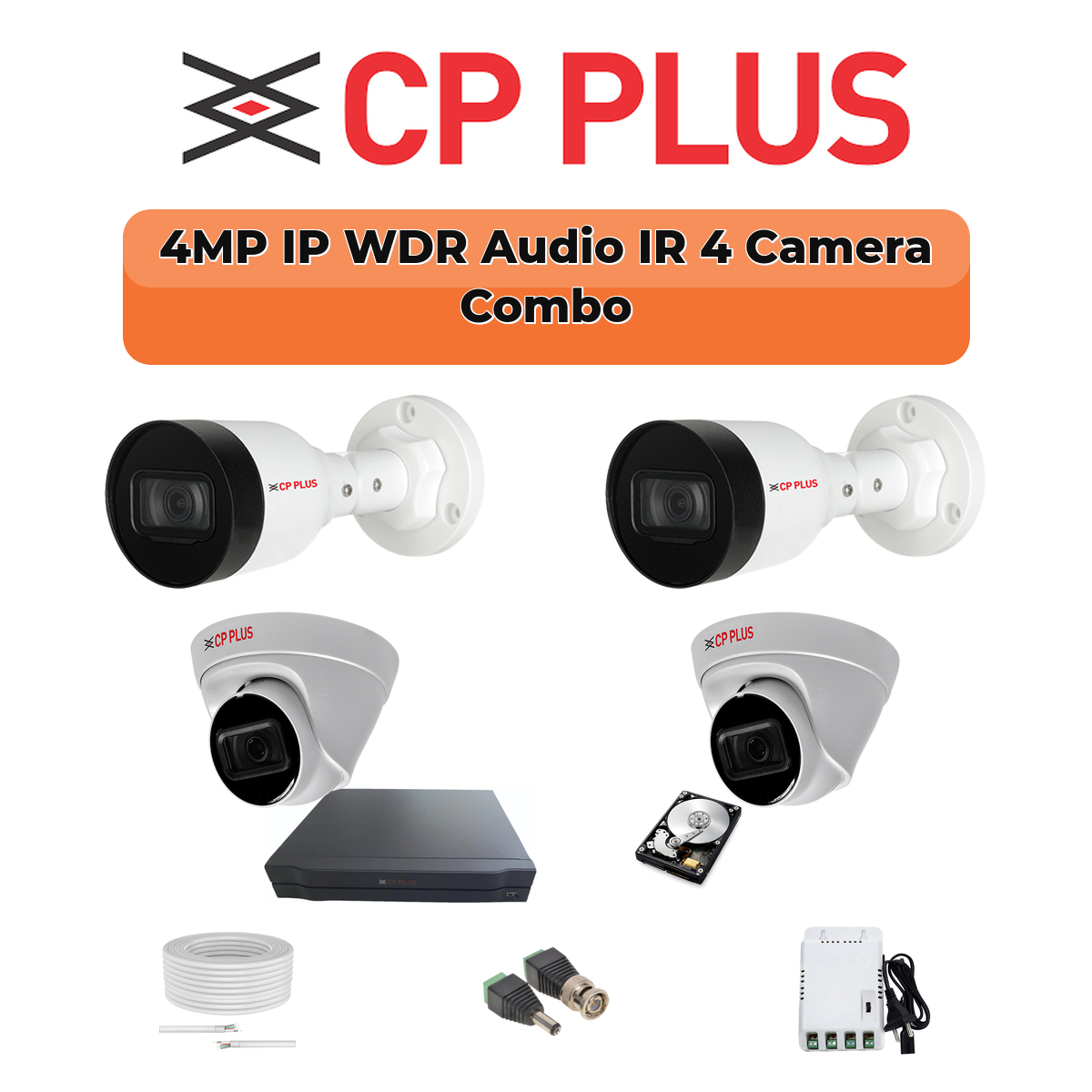 CP Plus 4 Camera 4MP IP CCTV Combo Kit | Smart IR + WDR + Mic | 4CH NVR | 1ร500GB HDD 1 CP PLUS CP Plus 4 Camera 4MP IP Combo Kit | WDR & Built-in Mics | 500GB HDD