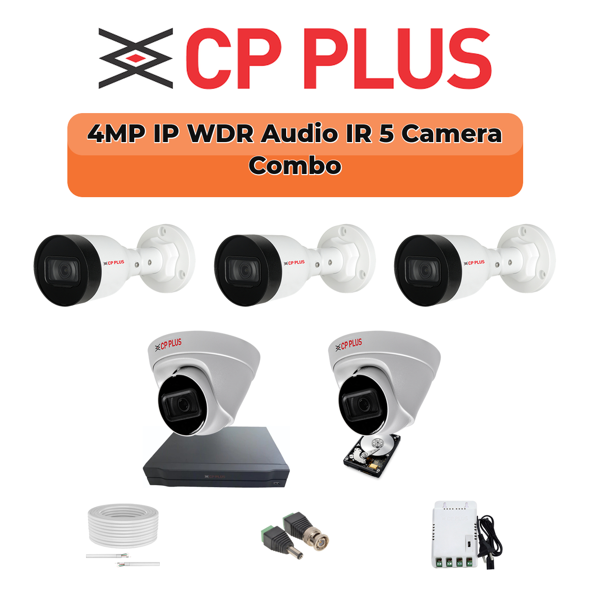 CP Plus 5 Camera 4MP IP CCTV Combo Kit | Smart IR + WDR + Mic | 8CH NVR | 1ร1TB HDD 1 CP PLUS CP Plus 5 Camera 4MP IP Combo Kit | WDR & Built-in Mics | 8CH NVR | 500GB HDD