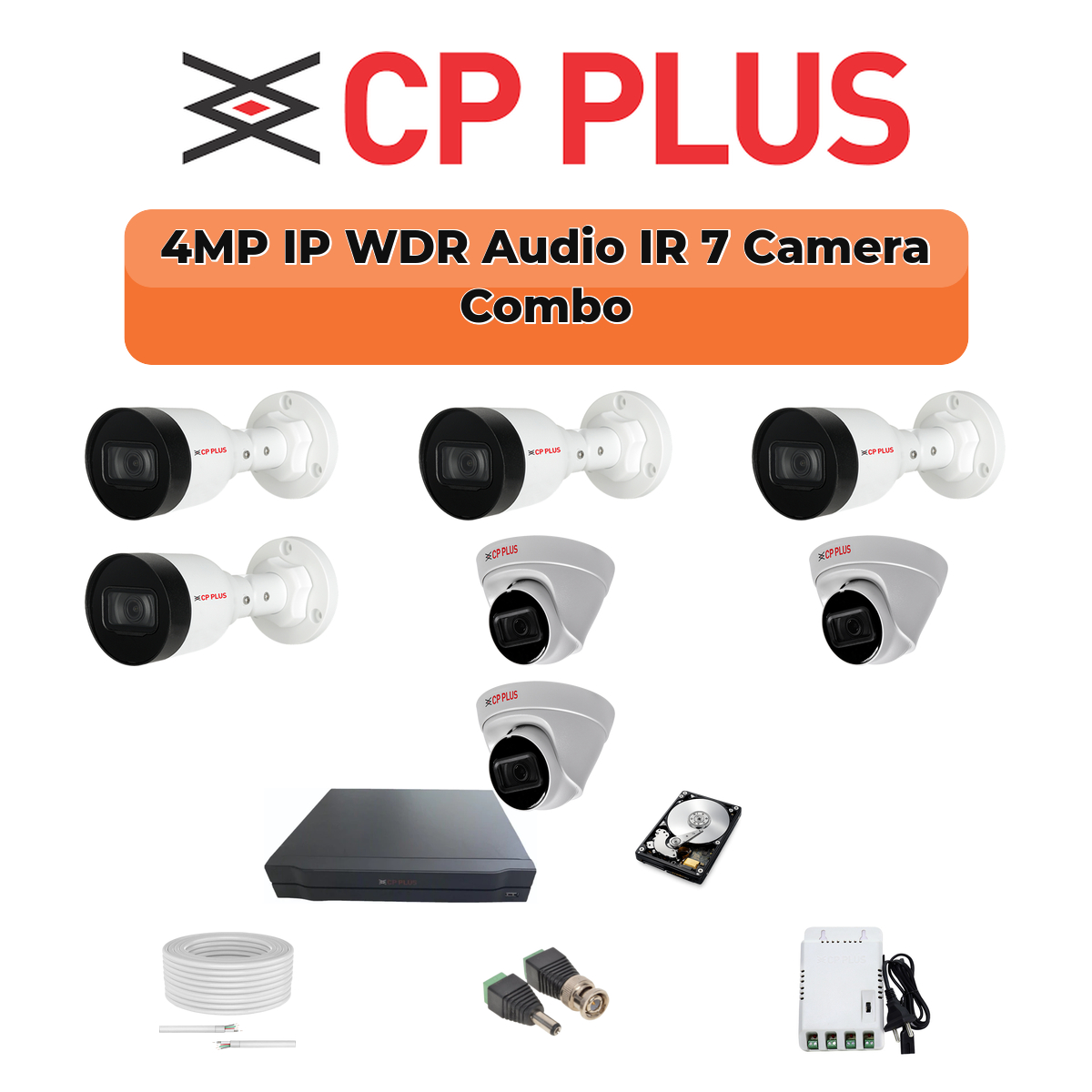 CP Plus 7 Camera 4MP IP CCTV Combo Kit | Smart IR + WDR + Mic | 8CH NVR | 1ร1TB HDD 1 CP PLUS CP Plus 7 Camera 4MP IP Combo Kit | WDR & Built-in Mics | 8CH NVR | 1TB HDD