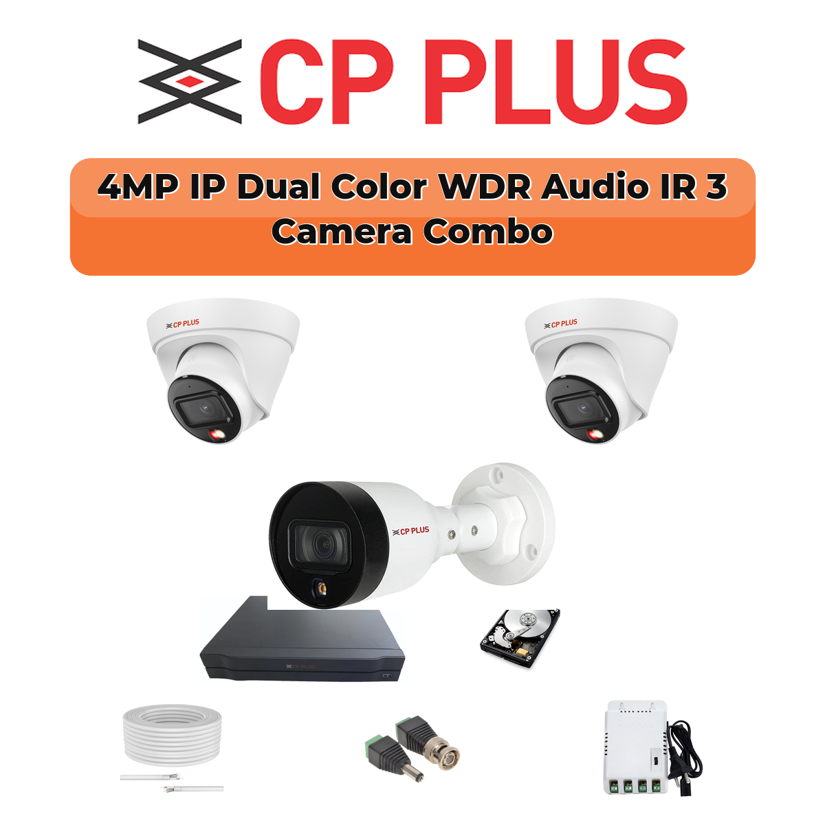 CP Plus 3 Camera 4MP IP CCTV Combo Kit | Dual Light + WDR + Mic | 4CH NVR | 1ร500GB HDD 1 CP PLUS CP Plus 3 Camera 4MP Smart Hybrid IP Combo Kit | WDR & Built-in Mics | 500GB HDD