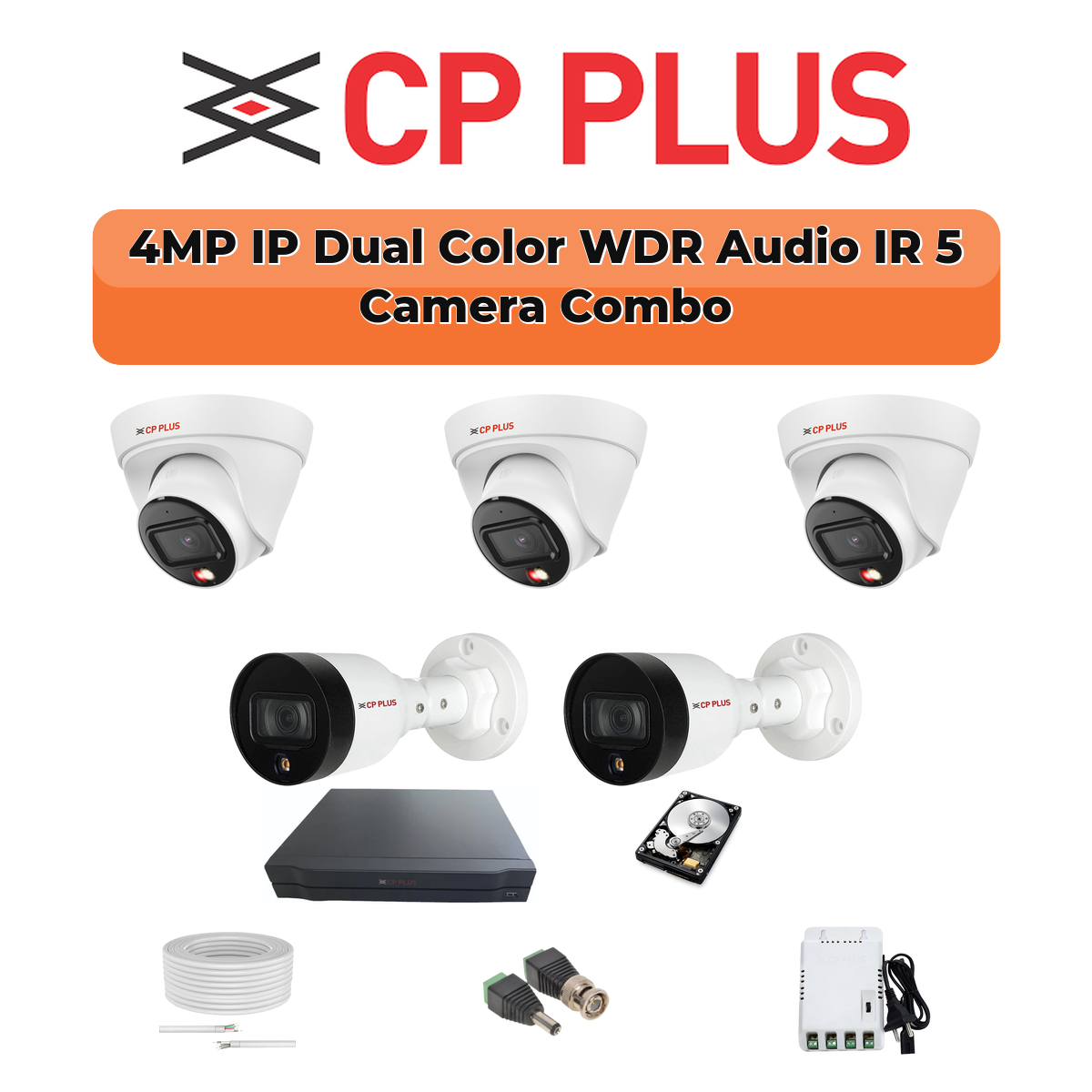 CP Plus 5 Camera 4MP IP CCTV Combo Kit | Dual Light + WDR + Mic | 8CH NVR | 1ร1TB HDD 1 CP PLUS CP Plus 5 Camera 4MP Smart Hybrid IP Combo Kit | WDR & Built-in Mics | 8CH NVR | 500GB HDD
