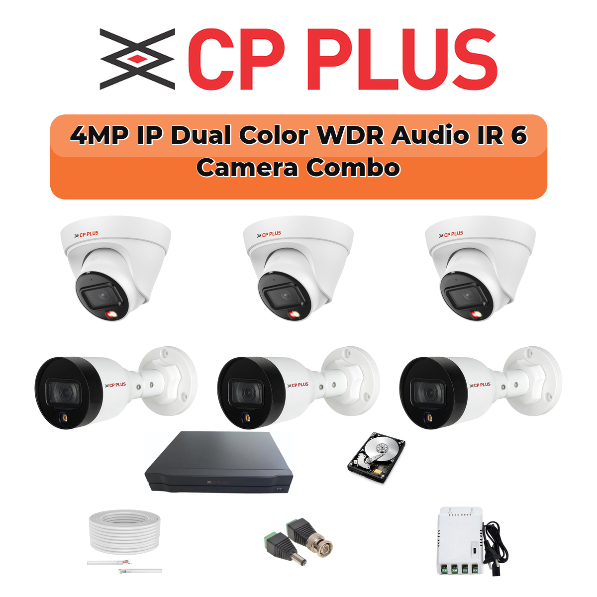 CP Plus 6 Camera 4MP IP CCTV Combo Kit | Dual Light + WDR + Mic | 8CH NVR | 1ร1TB HDD 1 CP PLUS CP Plus 6 Camera 4MP Smart Hybrid IP Combo Kit | WDR & Built-in Mics | 8CH NVR | 500GB HDD