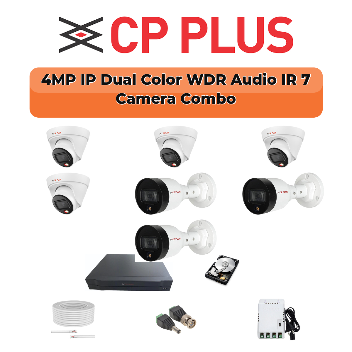 CP Plus 7 Camera 4MP IP CCTV Combo Kit | Dual Light + WDR + Mic | 8CH NVR | 1ร1TB HDD 1 CP PLUS CP Plus 7 Camera 4MP Smart Hybrid IP Combo Kit | WDR & Built-in Mics | 8CH NVR | 1TB HDD