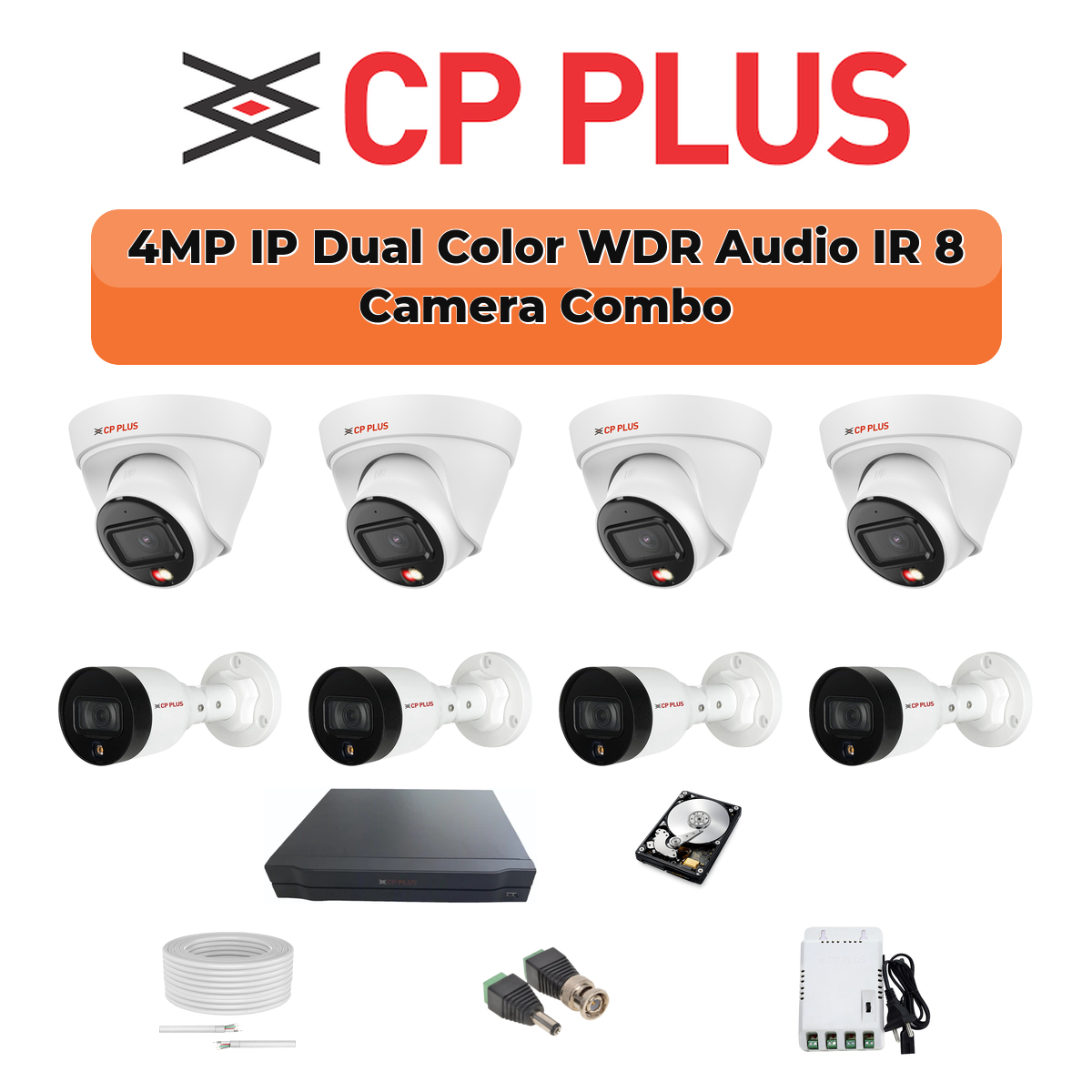 CP Plus 8 Camera 4MP IP CCTV Combo Kit | Dual Light + WDR + Mic | 8CH NVR | 1ร1TB HDD 1 CP PLUS CP Plus 8 Camera 4MP Smart Hybrid IP Combo Kit | WDR & Built-in Mics | 8CH NVR | 1TB HDD