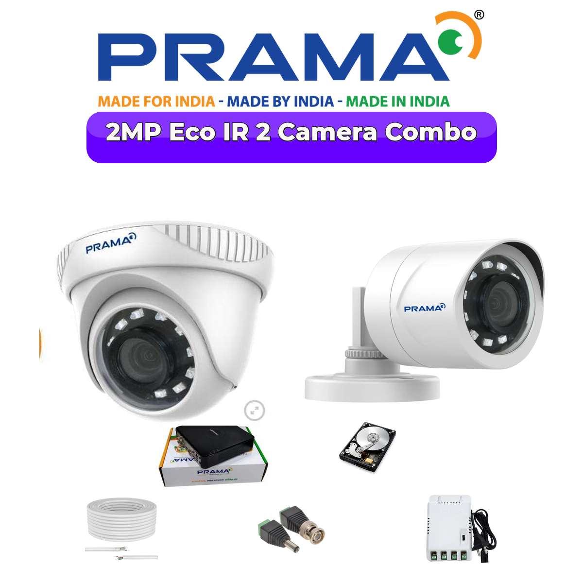 Prama 2-Camera 2MP 1080p Analog CCTV Combo Kit | Made in India Security System | 1×500GB HDD 1 PRAMA Prama 2-Camera 2MP 1080p Analog CCTV Combo Kit | Made in India Security System
