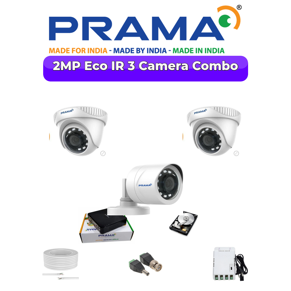 Prama 3-Camera 2MP 1080p Analog CCTV Combo Kit | Made in India Security System | 1×500GB HDD 1 PRAMA Prama 3-Camera 2MP 1080p Analog CCTV Combo Kit | Made in India Security System