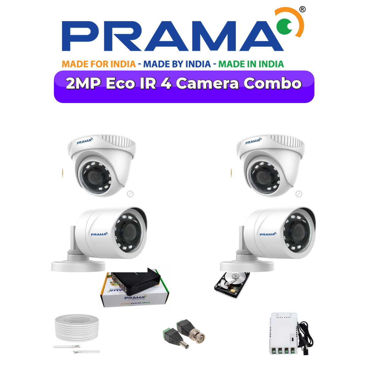 Prama 4-Camera 2MP 1080p Analog CCTV Combo Kit | Made in India Security System | 1×500GB HDD 1 PRAMA Prama 4-Camera 2MP 1080p Analog CCTV Combo Kit | Made in India Security System