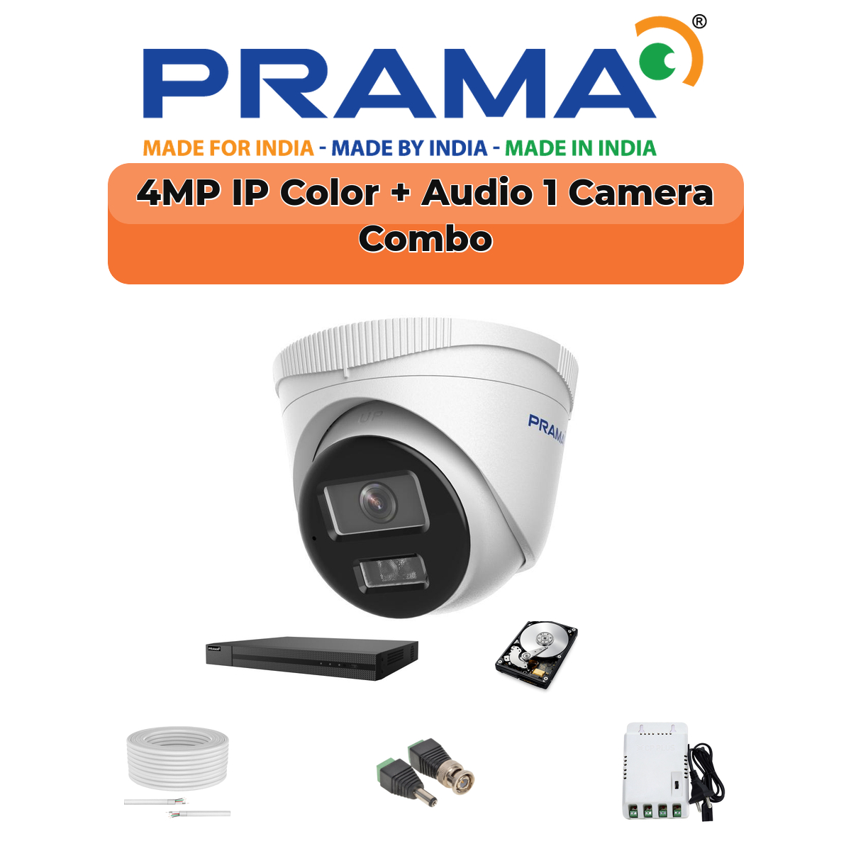 Prama 1 Camera 4MP IP CCTV Combo Kit | RanginView Dual Light + Mic | 4CH NVR | 1ร500GB HDD 1 PRAMA Prama 4MP Smart Dual Light 1-Camera IP Combo Kit | 1 Camera | Built-in Mic | Color Night Vision | 4-Channel NVR | AI Detection | PT-NC140D3-WNM(D2)-1-COMBO