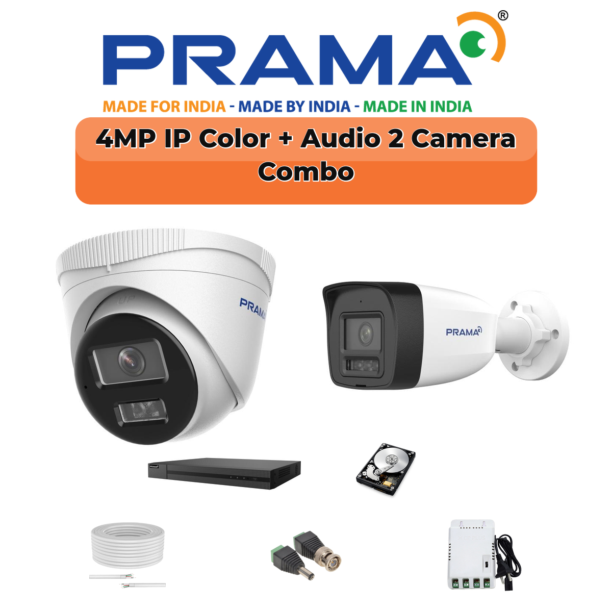 Prama 2 Camera 4MP IP CCTV Combo Kit | RanginView Dual Light + Mic | 4CH NVR | 1ร500GB HDD 1 PRAMA Prama 4MP Smart Dual Light 2-Camera IP Combo Kit | 2 Cameras | Built-in Mic | Color Night Vision | 4-Channel NVR | AI Detection | PT-NC140D3-WNM(D2)-2-COMBO