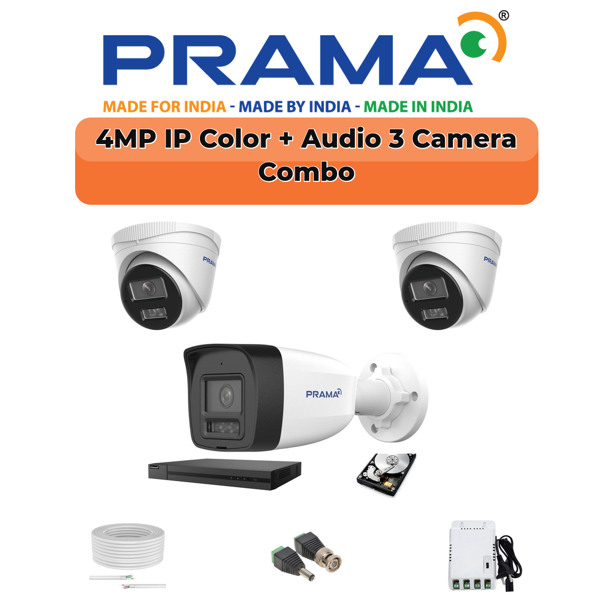 Prama 3 Camera 4MP IP CCTV Combo Kit | RanginView Dual Light + Mic | 4CH NVR | 1ร500GB HDD 1 PRAMA Prama 4MP Smart Dual Light 3-Camera IP Combo Kit | 3 Cameras | Built-in Mic | Color Night Vision | 4-Channel NVR | AI Detection | PT-NC140D3-WNM(D2)-3-COMBO