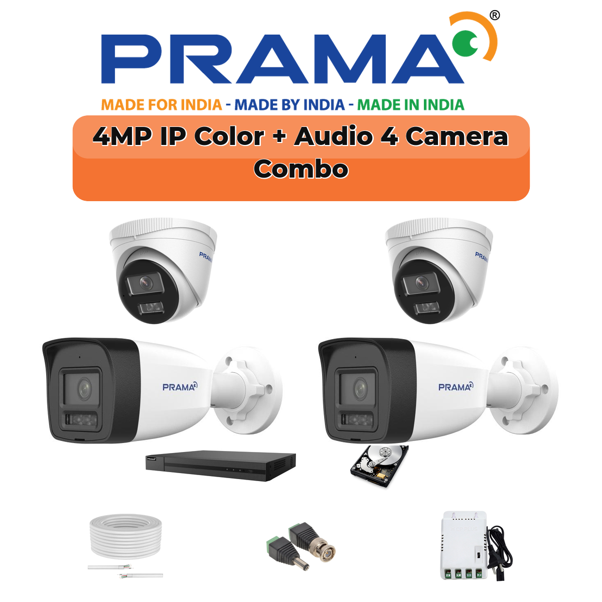 Prama 4 Camera 4MP IP CCTV Combo Kit | RanginView Dual Light + Mic | 4CH NVR | 1ร500GB HDD 1 PRAMA Prama 4MP Smart Dual Light 4-Camera IP Combo Kit | 4 Cameras | Built-in Mic | Color Night Vision | 4-Channel NVR | AI Detection | PT-NC140D3-WNM(D2)-4-COMBO